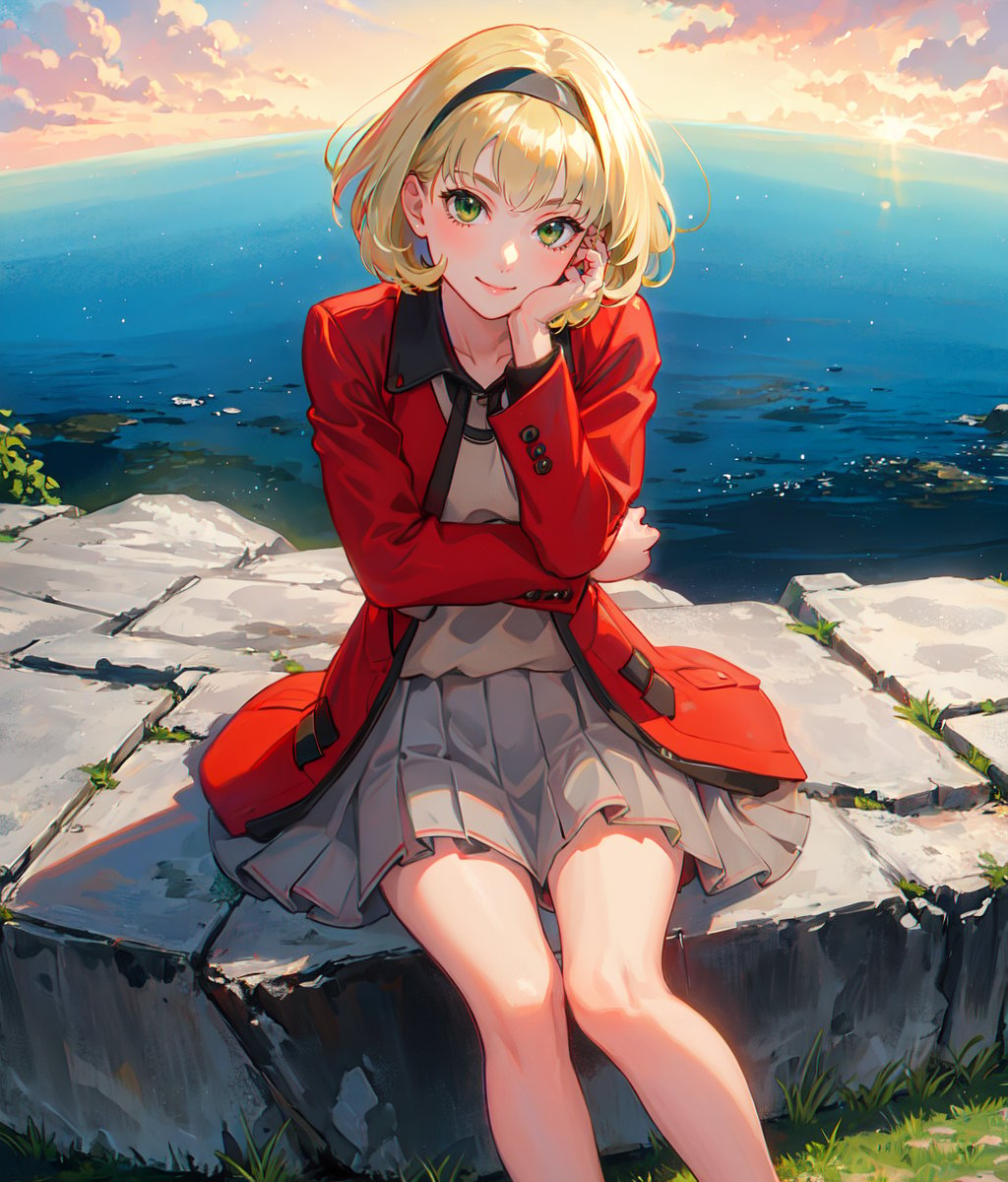 masterpiece, high res, detailed face, detailed eyes, 1girl, solo, blonde, green eyes, short hair, smile, airband, red jacket,  gray skirt, sitting, resting on her arms, lewd look, outdoors, hill, starry sky, full body<lora:Nina:1>