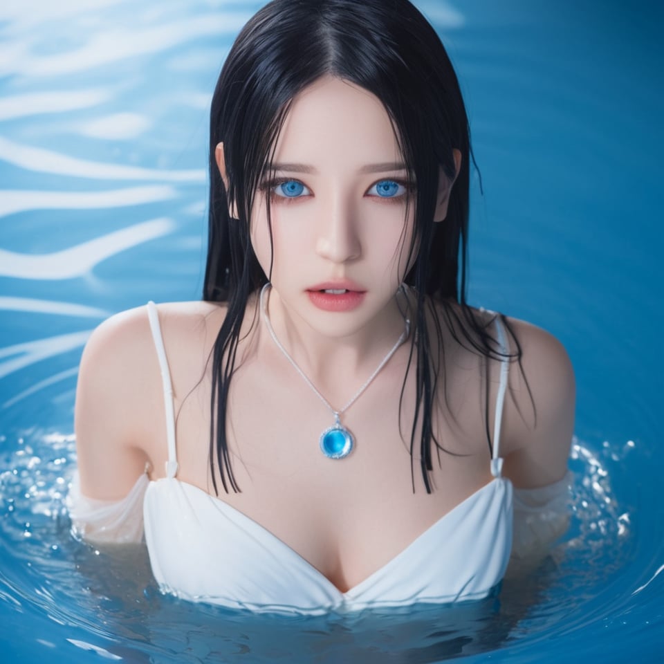 zero,Contact lenses,1girl,solo,black hair,realistic,long hair,necklace,blue eyes,jewelry,looking at viewer,dress,water,partially submerged,lips,white dress,open mouth,<lora:girl-000002:0.8>,highres,absurdres,