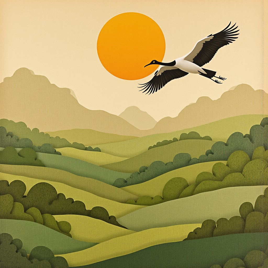 there is a bird flying over a green field with a yellow sun,victo ngai fine texture,victo ngai style,japanese crane bird in center,crane,Victo Ngai,victo ngai. unreal engine,japanese art on behance,cranes,victo ngai, muted colors,victo ngai and surrealism,origami crane drawings,trend on behance illustration,( ( victo ngai ) ),behance. high detail,wes anderson background,victo ngai, cmyk palette,hanging silk scroll,intricate details illustration,illustrations of animals,victor ngai,fictitious birds fly,behance. polished,victo ngai and tristan eaton,animation illustrative style,**** of silk paper,nature journal cover,Petros Afshar,hermes ad,detailed book illustration,exquisite imaginative poster art,victo ngai, muted sepia colors,behance favourite,