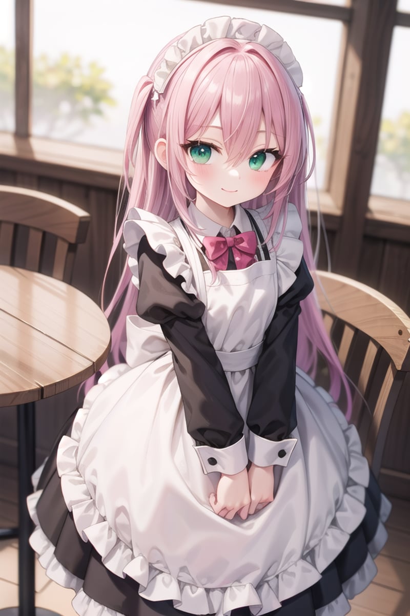 insanely detailed, absurdres, ultra-highres, ultra-detailed, best quality,1girl, solo, nice hands, perfect handsBREAK(cleavage:-1.5),(classical maid:1.2),apron, blush, bow, bowtie, frilled apron, frills, long sleeves, maid, maid apron, maid headdress, waist apron, white apron,(maid costume, maid hair dress:1.3), long skirtBREAKhappy smile, laugh, closed mouthBREAKfrom above,standing, cowboy shot, looking at viewerBREAKslender, kawaii, perfect symmetrical face, ultra cute girl, ultra cute face, ultra detailed eyes, ultra detailed hair, ultra cute, ultra beautifulBREAKin coffee shop, indoors, depth of field, ultra detailed backgroundBREAKmedium breastsBREAK(pink hair, dark green eyes), long hair, hair between eyes