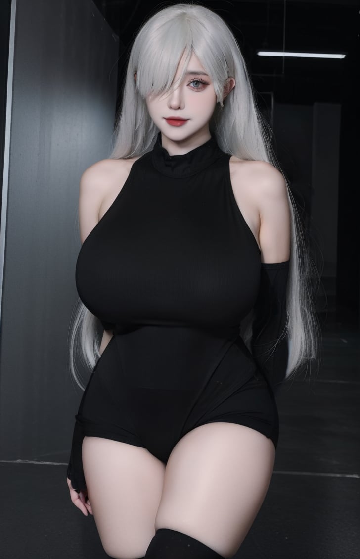 (masterpiece, best quality:1.4),finely detailed,1girl,solo,pale skin,perfect body,standing,(gigantic breasts:1.3),<lora:七大罪伊丽莎白-000006:0.75>,(white hair),black dress,bare shoulders,black shirt,black shorts,black sleeveless bodysuit,black sweater,black thighhighs,dress,(hair over one eye:1.2),high neck,long hair,thighhighs,<lora:killer完美脸型4  v1.0-000004:0.4>,<lora:killer Clothing Increase and decrease服装增减器v2-01:-1>,front view,(cowboy_shot:1.3),