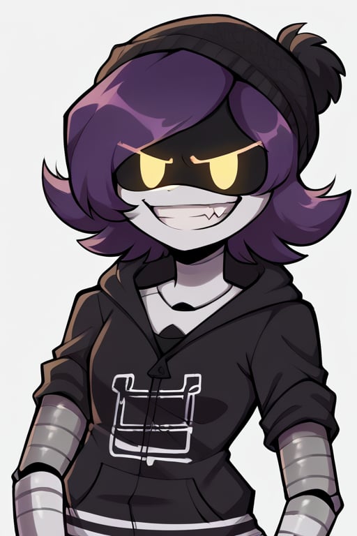 2D, score_9, score_8_up, score_7_up, BREAK, 1girl, solo,Uzi, Purple Hair, Yellow Eyes, Robot, Visor, black hoodie, beanie, evil grin<lora:EMS-470427-EMS:1.000000>