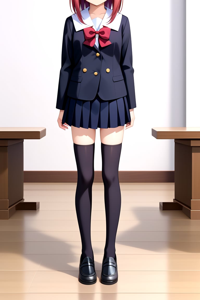 Highly detailed, High Quality, masterpiece, beautiful, 1girl, solo, female focus, white background, school uniform, ((black jacket)), long sleeves, arms at sides, pleated skirt, black skirt, bow, headless, thighhighs, black thighhighs, zettai ryouiki, shoes, front view, Upper body<lora:EMS-418350-EMS:0.800000>