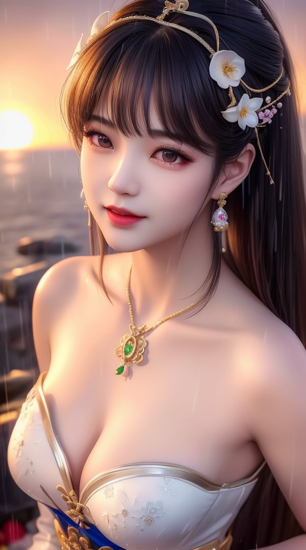 (,1girl, ,best quality, ),looking at viewer, <lora:380-DA-武动乾坤-林青檀:0.8> ,,ultra detailed 8k cg, ultra detailed background ,ultra realistic 8k cg, flawless,  tamari \(flawless\), professional artwork, famous artwork, cinematic lighting, cinematic bloom, (( , )),, dreamlike, unreal, science fiction,  luxury, jewelry, diamond, pearl, gem, sapphire, ruby, emerald, intricate detail, delicate pattern, charming, alluring, seductive, erotic, enchanting, hair ornament, necklace, earrings, bracelet, armlet,halo,masterpiece, (( , )),, realistic,science fiction,mole,   ,cherry blossoms,,(((Best quality, masterpiece, ultra high res, (photorealistic:1.4), raw photo, 1girl, ,rain, , sunlight, sunset, qianqiu wanxia,     )))  (()), (), 