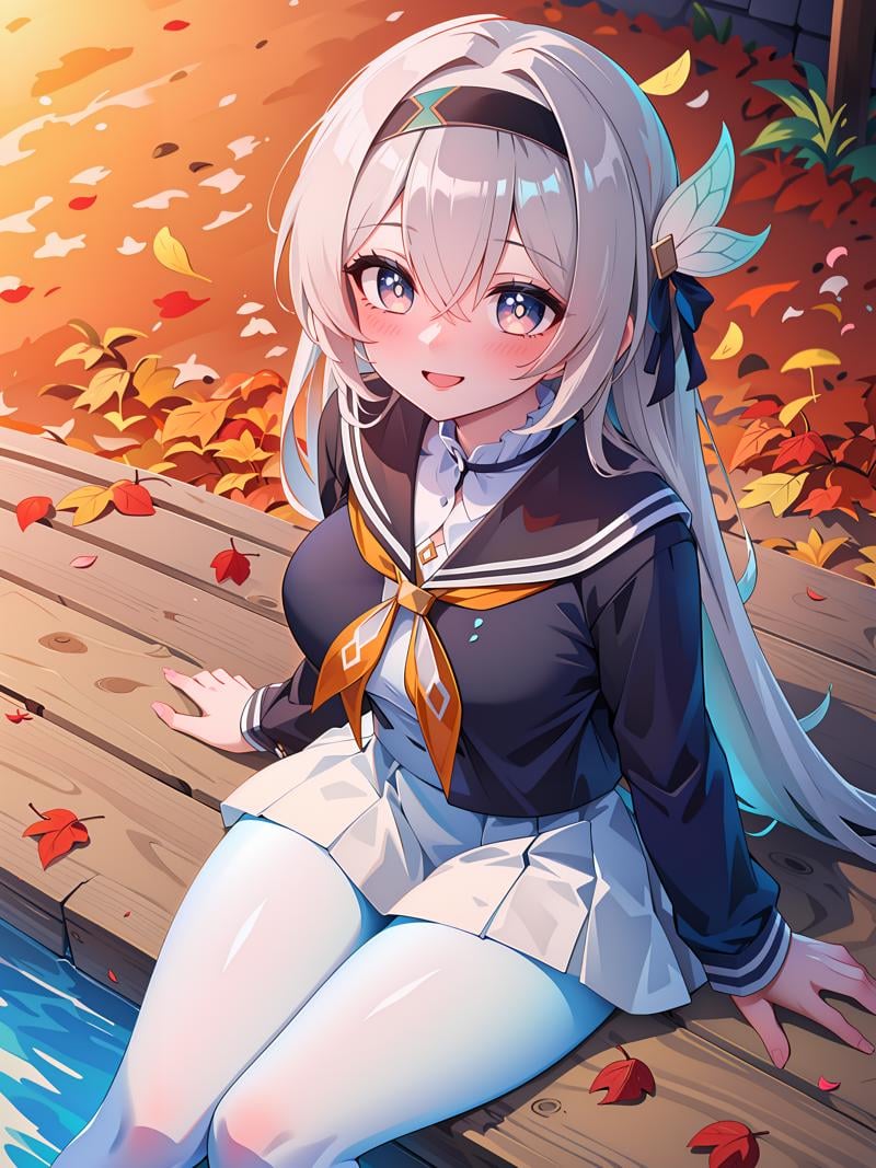 ((masterpiece,best quality)), 1girl, fireflyhsr, school uniform, white pantyhose, sitting, from above, petals, autumn leaves, depth of field, smile, blush,