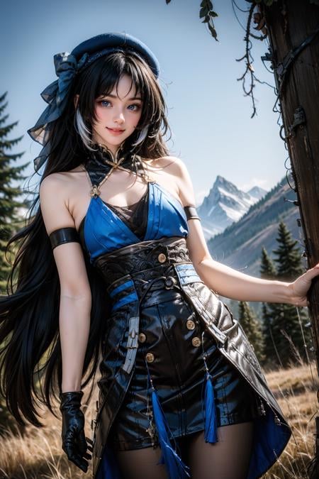 cowboy shot,1girl,solo,smile,looking at viewer,standing,yangyang cosplay costume,yangyang,cosplay,black hair,long hair,multicolored hair,white hair,dress,hat,bare shoulders,detached collar,single glove,arm strap,gloves,pantyhose,black pantyhose,water,field,mountain,nature,nature view,detailed background,<lora:WutheringWaves_Yangyang_cosplay_costume_v1:0.7>,<lora:Background_Detail_v3:1>,<lora:background & distence control:-1>,