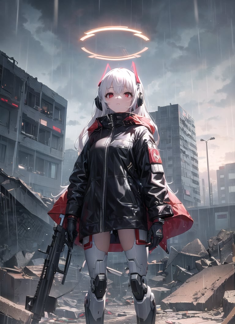 masterpiece, best quality, 1girl, red eyes, white hair, mechanical legs, raincoat, black gloves, black coat, raining, sky, ruins, rifle, headset, rubble, android, long hair, halo,