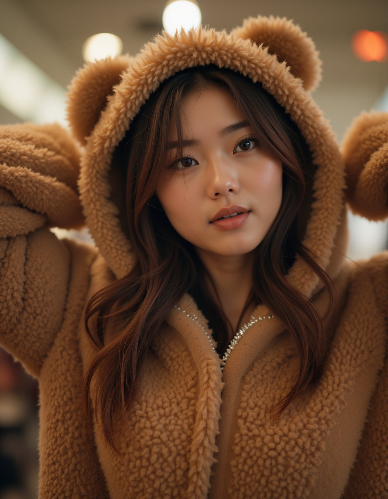 best quality, masterpiece, realism, realistic, long sweater fur-suit with bear costume, hands behind the head, cheats cutout, analogue photo of adult girl in costume, looking at viewer, long hair, extremely beautiful detailed face, medium breasts, (cute face, temptations look), eye level, professional photo, high contrast exposure, soft bokeh, high key light, hard shadow, soft bokeh, playful theme,