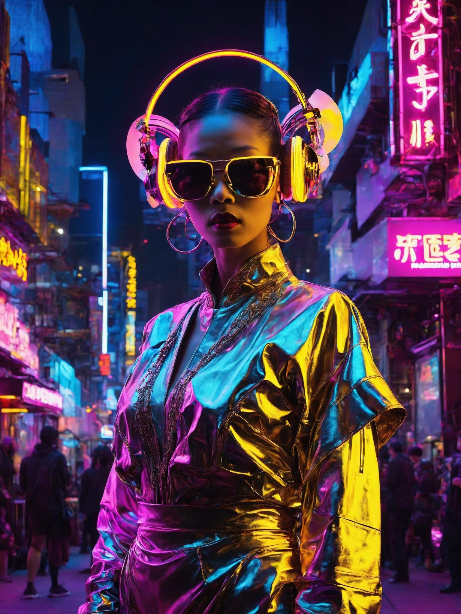 A cyberpunk street performer, blending the soulful tunes of jazz with Zen philosophy, mesmerizes audiences in a neon-lit urban square. Their attire, a fusion of vintage jazz style and modern cyberpunk fashion, resonates with a hint of Eastern influence. Amidst swirling neon lights, their performance transcends genres, captivating passersby with a unique blend of American musical heritage and hints of tranquil Zen ambiance., <lora:ByteBlade:1>