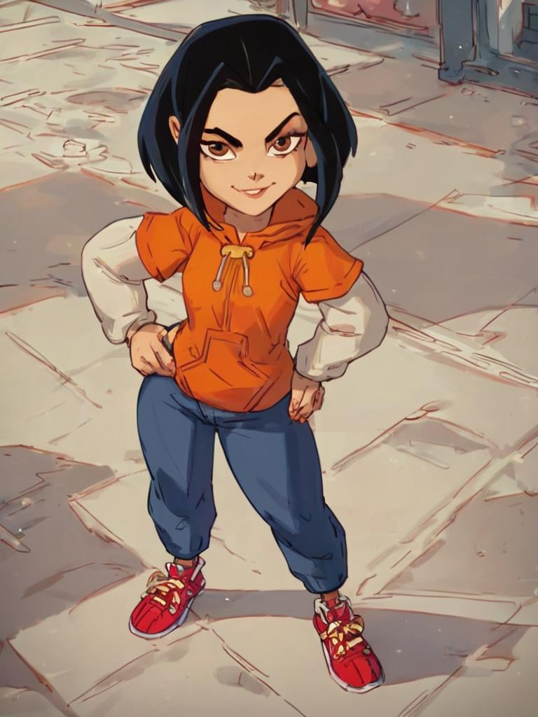 score_9, score_8_up,  jadechan, 1girl, black hair, brown eyes, solo, short hair, long sleeves, orange hoodie, smile, pants, sneakers,standing, looking at viewer, hand on own hip,   <lora:Jadepony2.2:1>   zPDXLxxx