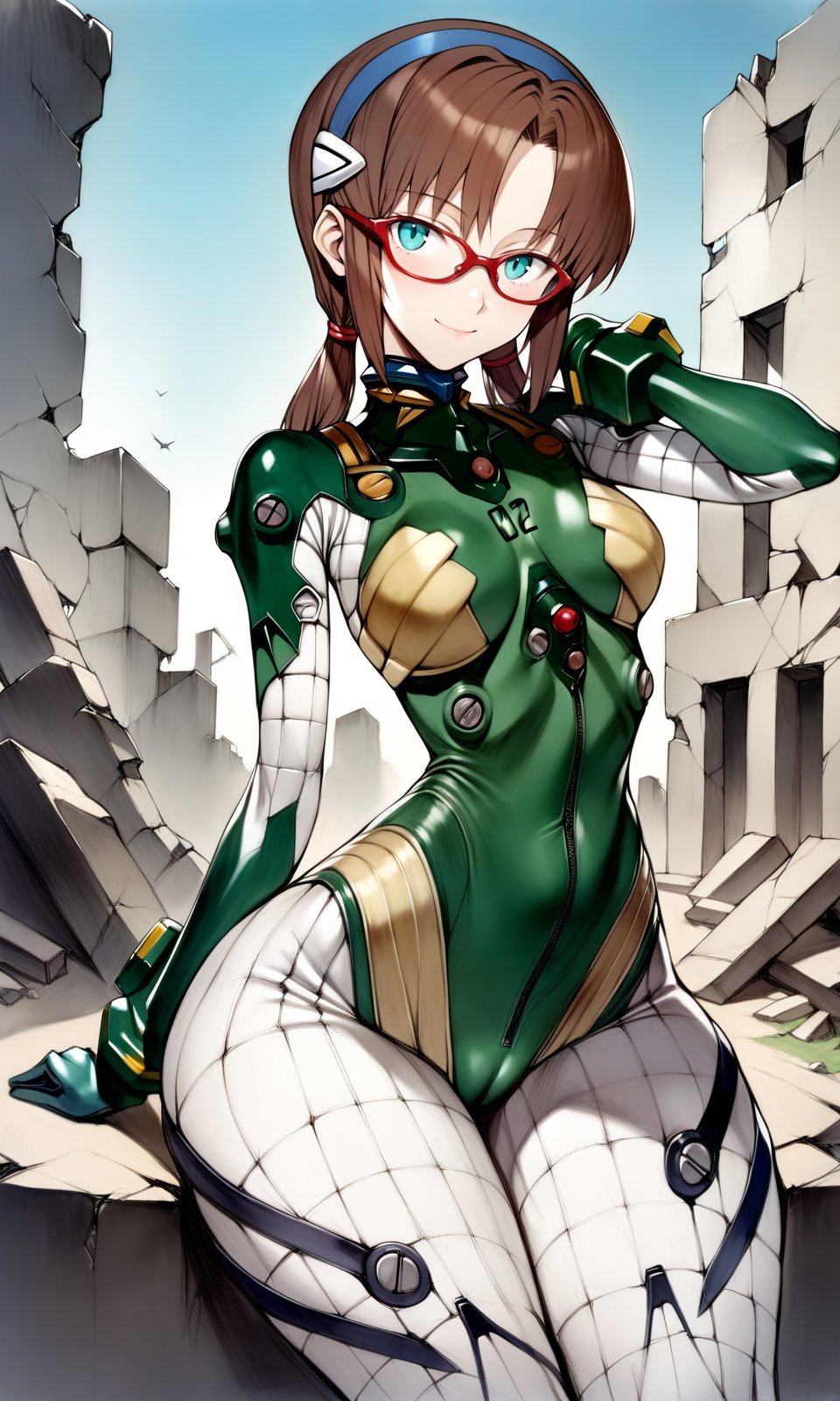 solo, 1girl, maritest, aqua eyes, hairband, brown hair, red-framed eyewear, plugsuit, bracer, quilted bodysuit, thick thighs, wide hips, looking at viewer, light smile, outdoors, ruins, masterpiece, absurdres, by nyatabe, by (mogudan:0.6), <lora:MariTestSuit_XL:1><lora:Nyatabe_XL:0.65> <lora:Fixhands_anime_bdsqlsz_V1:1> 