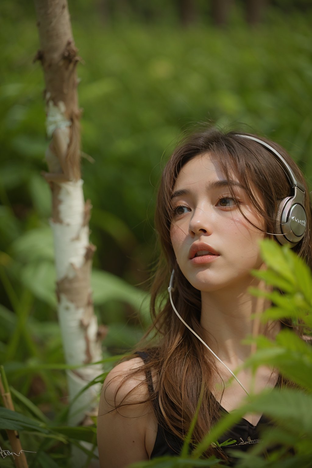 1girl,flowers,(yellow reed:1.1),forest,solo,long hair,(realistic:1.1),headphones,white background,brown hair,simple background,headphones around neck,lips,parted lips,looking to the side,upper body,forehead,looking away,black hair,bare shoulders,signature,brown eyes,tank top,black eyes,<lora:linhe luweidang_20231022151238:0.7>,