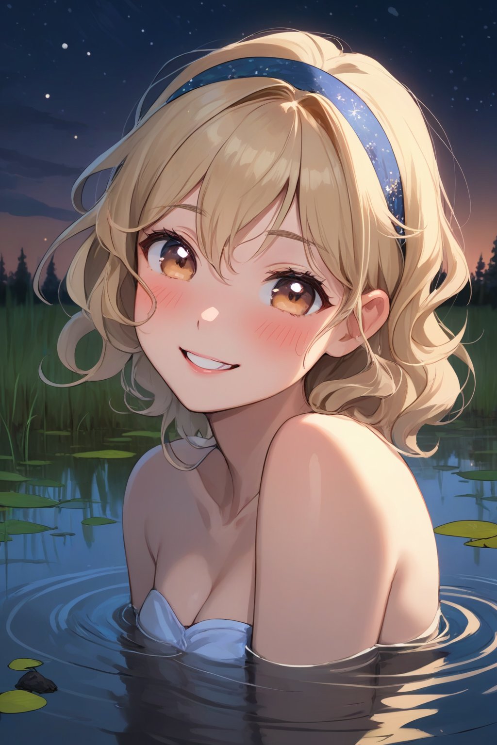 (masterpiece fairytale impressionism, best quality, night:1.3), Environmental portrait, a cute turkish girl, peach skin, mature female, amused, wavy hair, ash blonde, elastic hair band, bronzer, wetland background, tundra, In-depth, trending on Pixiv, nsfw