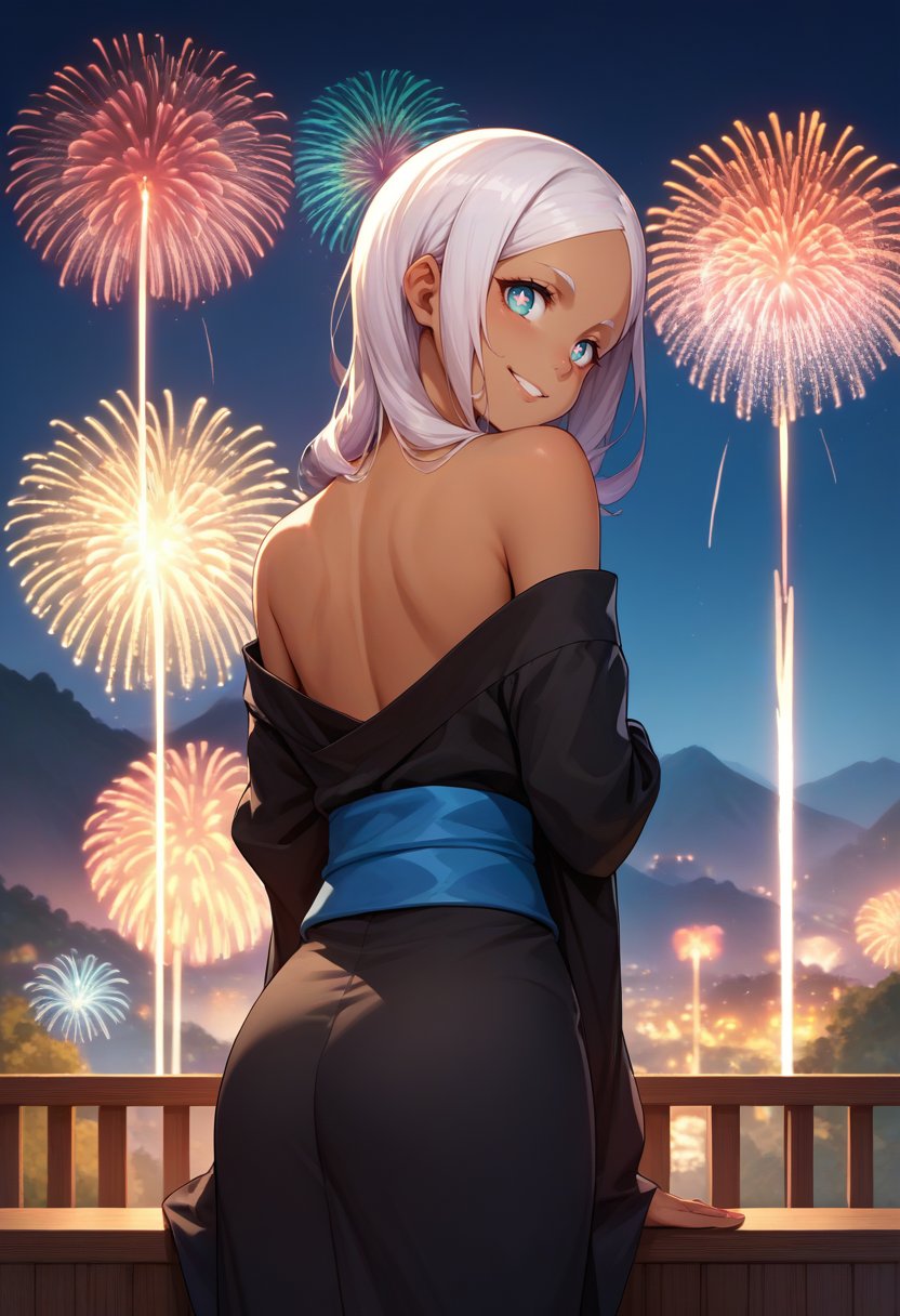 score_9, score_8_up, score_7_up, source_anime, from behind, solo, 1girl, princesshibana, dark skin, smile, looking back, symbol-shaped pupils, black kimono, off shoulder, blue sash, bare shoulders, fireworks <lora:fireforce_hibana_ponyXL:1>