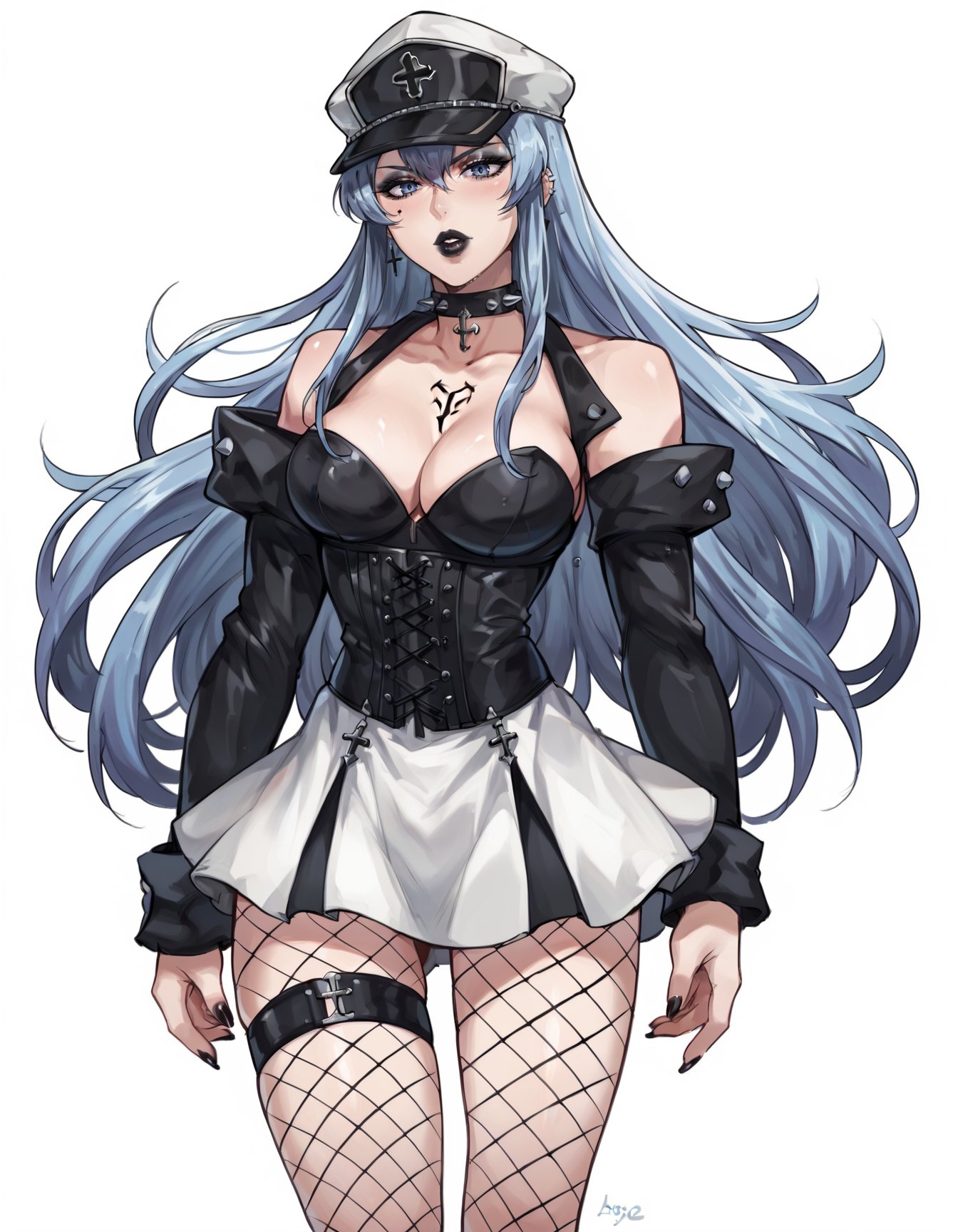 score_9, score_8_up, score_7_up, score_6_up, score_5_up, score_4_up, BREAK source_anime, 1girl,  <lora:Gothic:0.85>, GothicC, makeup, eyeshadow, lipstick, mascara, black nails, fishnet, pantyhose, corset, spikes, <lora:PonyEsdeath-10:0.5>, Esdeath