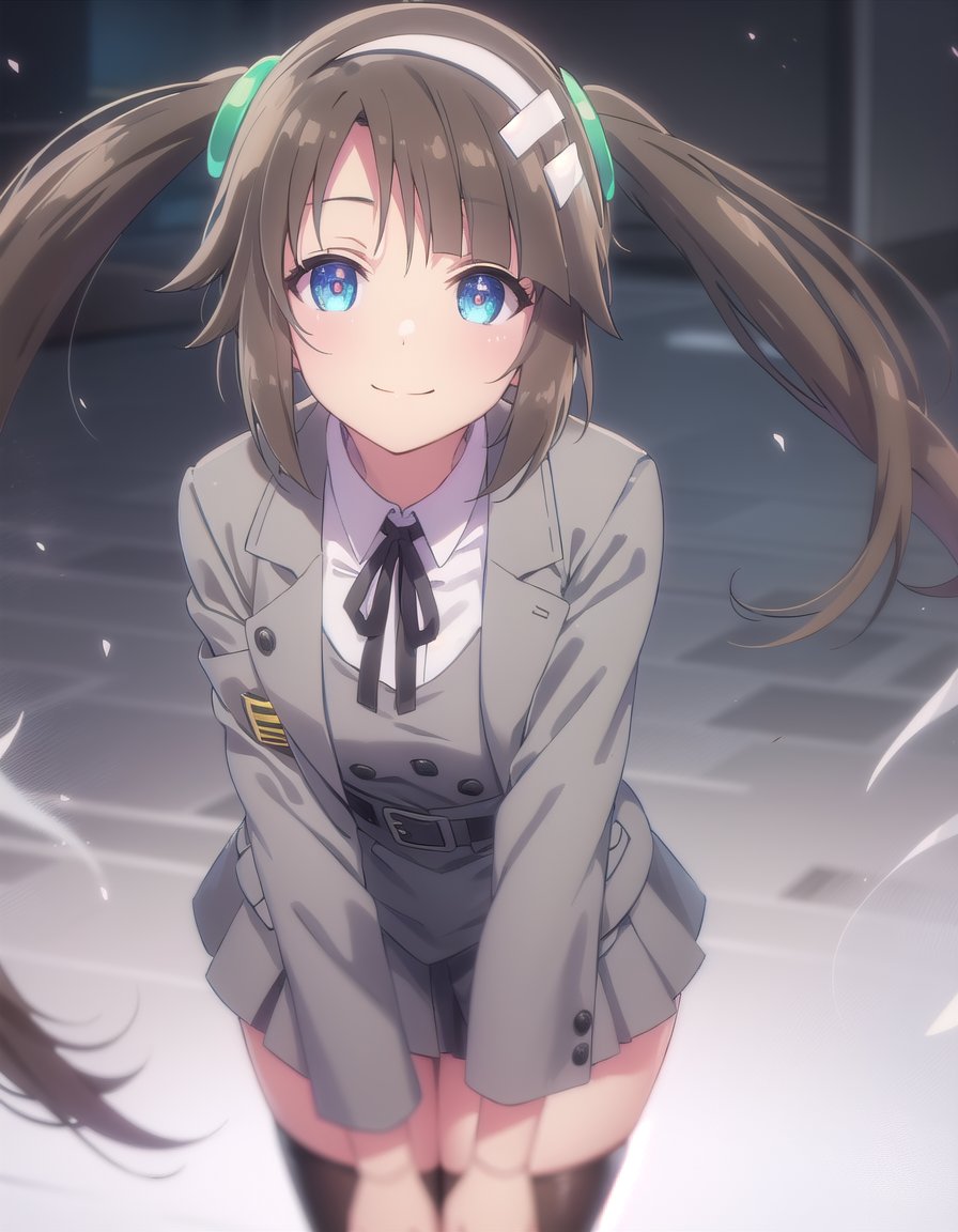 skminori, <lora:sk minori s1-lora-nochekaiser:1>,minori, long hair, bangs, blue eyes, brown hair, hair ornament, long sleeves, twintails, sidelocks, hairband, white hairband,BREAK skirt, shirt, long sleeves, school uniform, pantyhose, pleated skirt, belt, miniskirt, black pantyhose, black ribbon, neck ribbon, buttons, grey skirt, grey jacket,BREAK outdoors, classroom,BREAK looking at viewer, (cowboy shot:1.5), smile,BREAK <lyco:GoodHands-beta2:1>, (masterpiece:1.2), best quality, high resolution, unity 8k wallpaper, (illustration:0.8), (beautiful detailed eyes:1.6), extremely detailed face, perfect lighting, extremely detailed CG, (perfect hands, perfect anatomy),