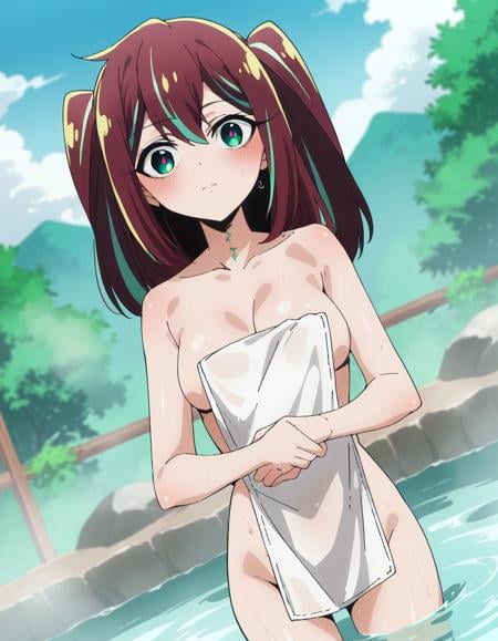 score_9, score_8_up, score_7_up, source_anime,matamaakoya, <lora:matama-akoya-ponyxl-lora-nochekaiser:1>matama akoya, long hair, brown hair, green eyes, multicolored hair, aqua eyes, two side up, streaked hair,nude, naked, outdoors, onsen, towel, naked towel, steam, bathing, nude cover, partially submerged, water, bath, steam censor, wet towel,looking at viewer, dutch angle, cowboy shot