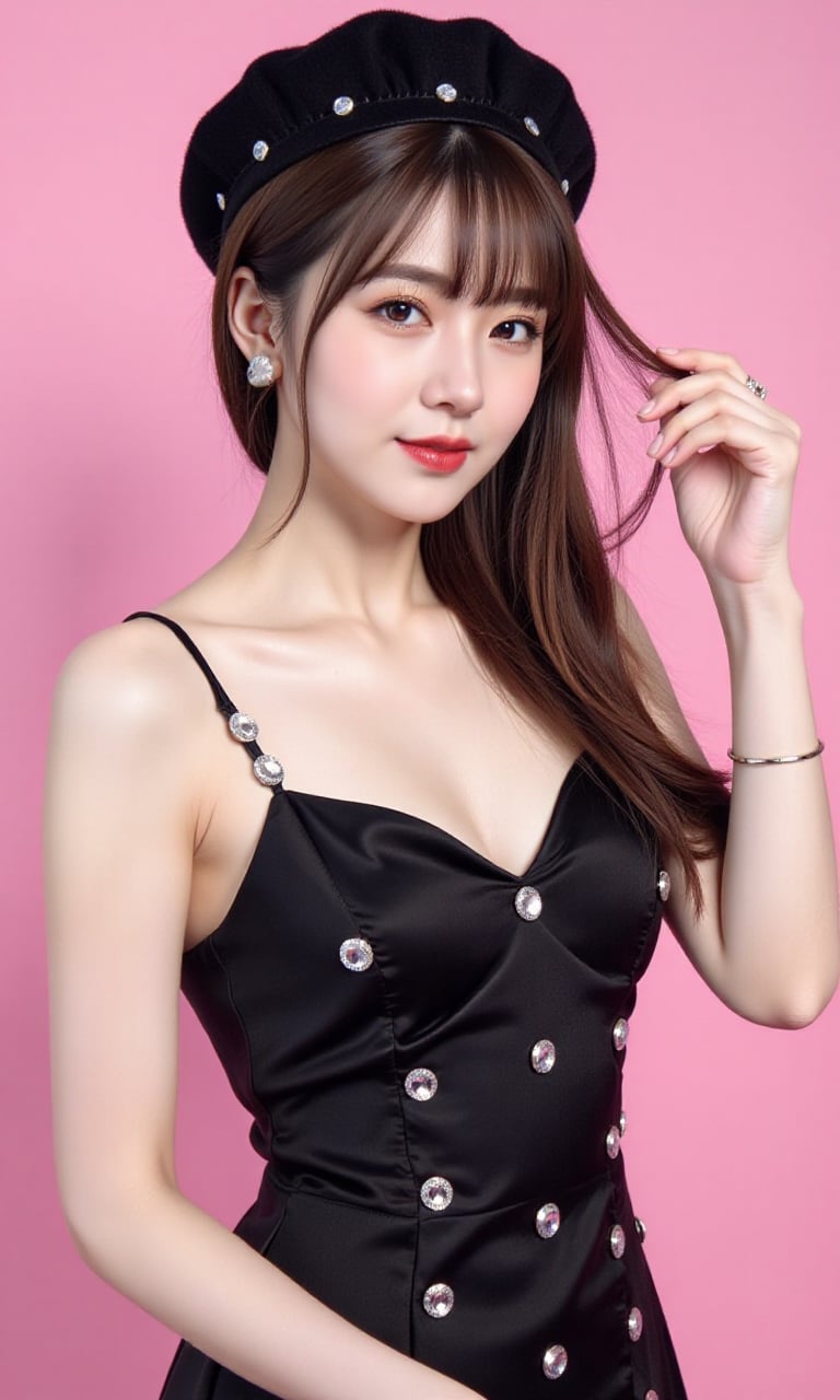 This is a clear and stylish image. The person in the picture is a young woman wearing a black dress decorated with many shiny diamonds. She also wears a black beret with diamond decorations. Her hair falls over her shoulders, and she is touching her hair with her right hand. The background is pink.