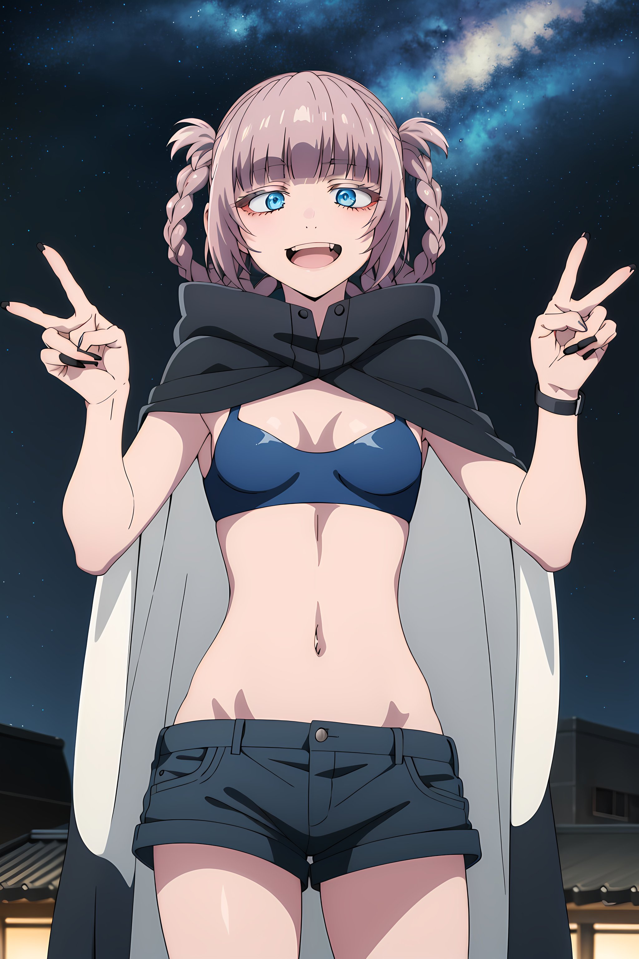 best quality, masterpiece, detailed,<lora:YofukashiNoUta_NanakusaNazuna:0.9>, NanakusaNazuna,1girl, open mouth, smile,pink hair, short hair, blunt bangs, braid, hair rings, blue eyes, fang,NanakusaCropTop, cape, hood, crop top, cleavage cutout, navel, short shorts,arms at sides, looking at viewer,cityscape, rooftop, starry sky, milky way