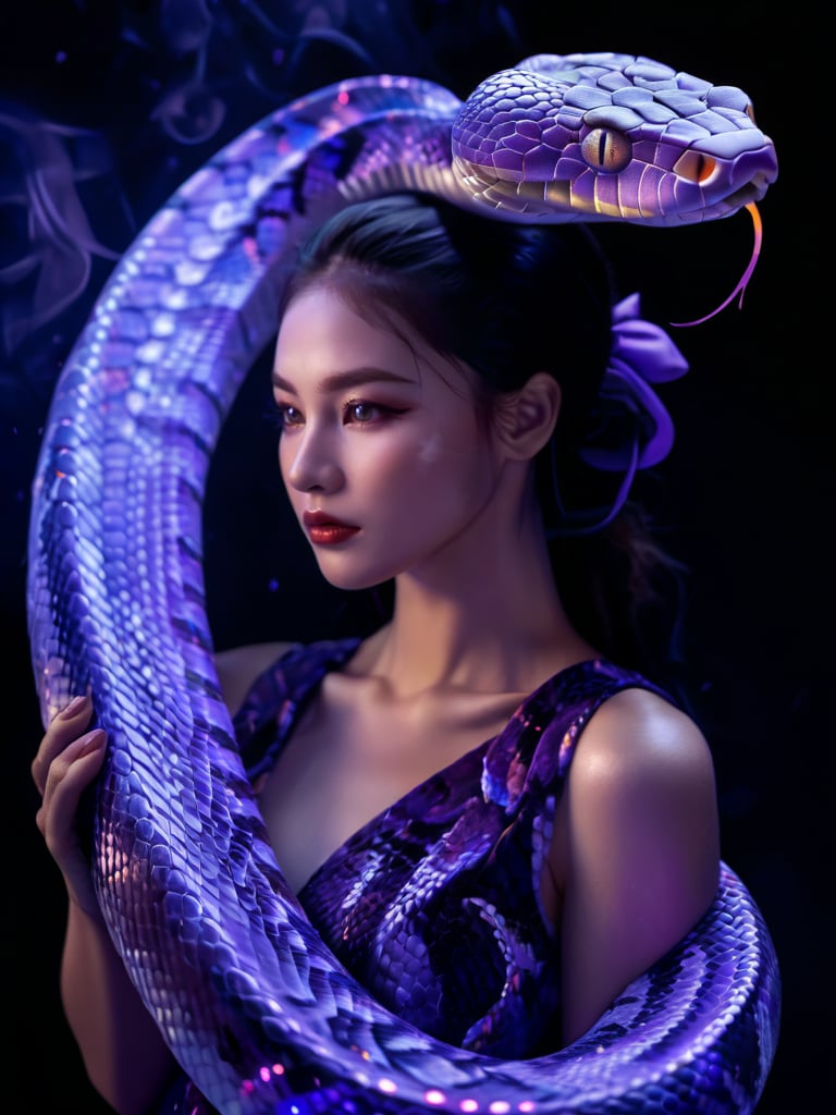 (a glowing snake:1.5), a girl wearing a purple dress, lighting, fantasy, black background, high detail, cinematic <lora:Glowing Snake:0.85>