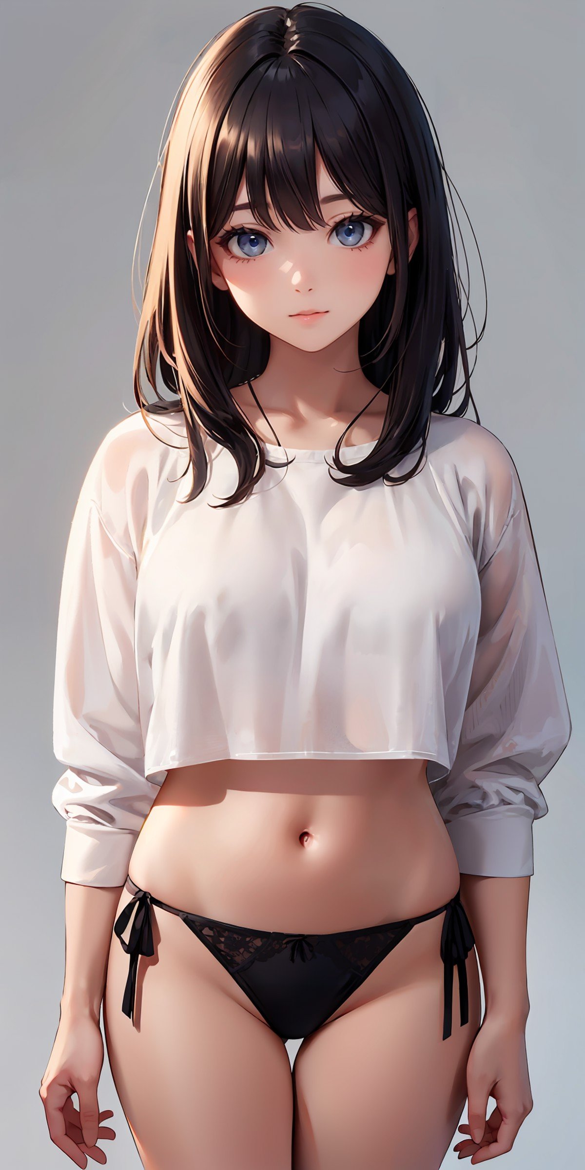 masterpiece,ultra-detailed,best quality,8K,illustration,cute face,clean skin ,shiny hair,girl,,simple background,cowboy shot,  <lora:himopan_V1.0:0.6> side-tie panties