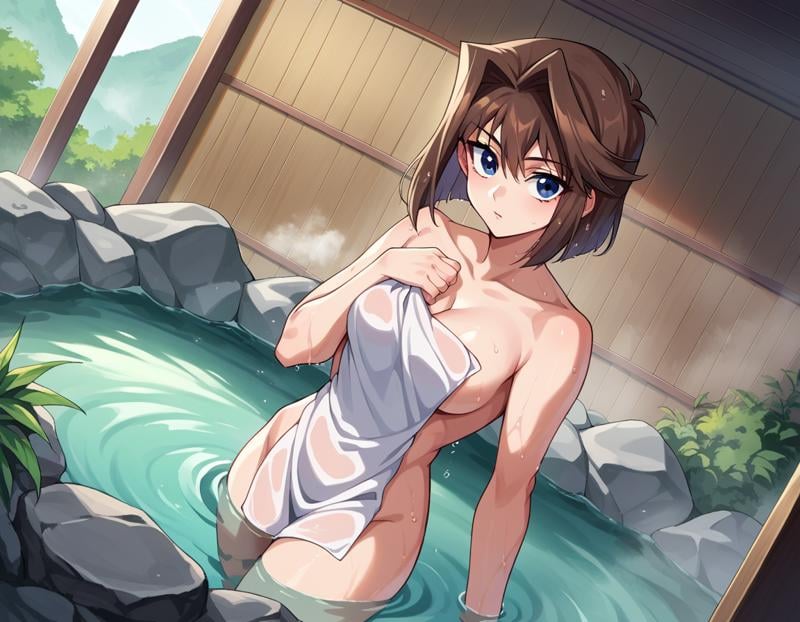 score_9, score_8_up, score_7_up, source_anime,anzumazaki, <lora:anzu-mazaki-ponyxl-lora-nochekaiser:1>anzu mazaki, blue eyes, brown hair, short hair,nude, naked, outdoors, onsen, towel, naked towel, steam, bathing, nude cover, partially submerged, water, bath, steam censor, wet towel,looking at viewer, cowboy shot, dutch angle,