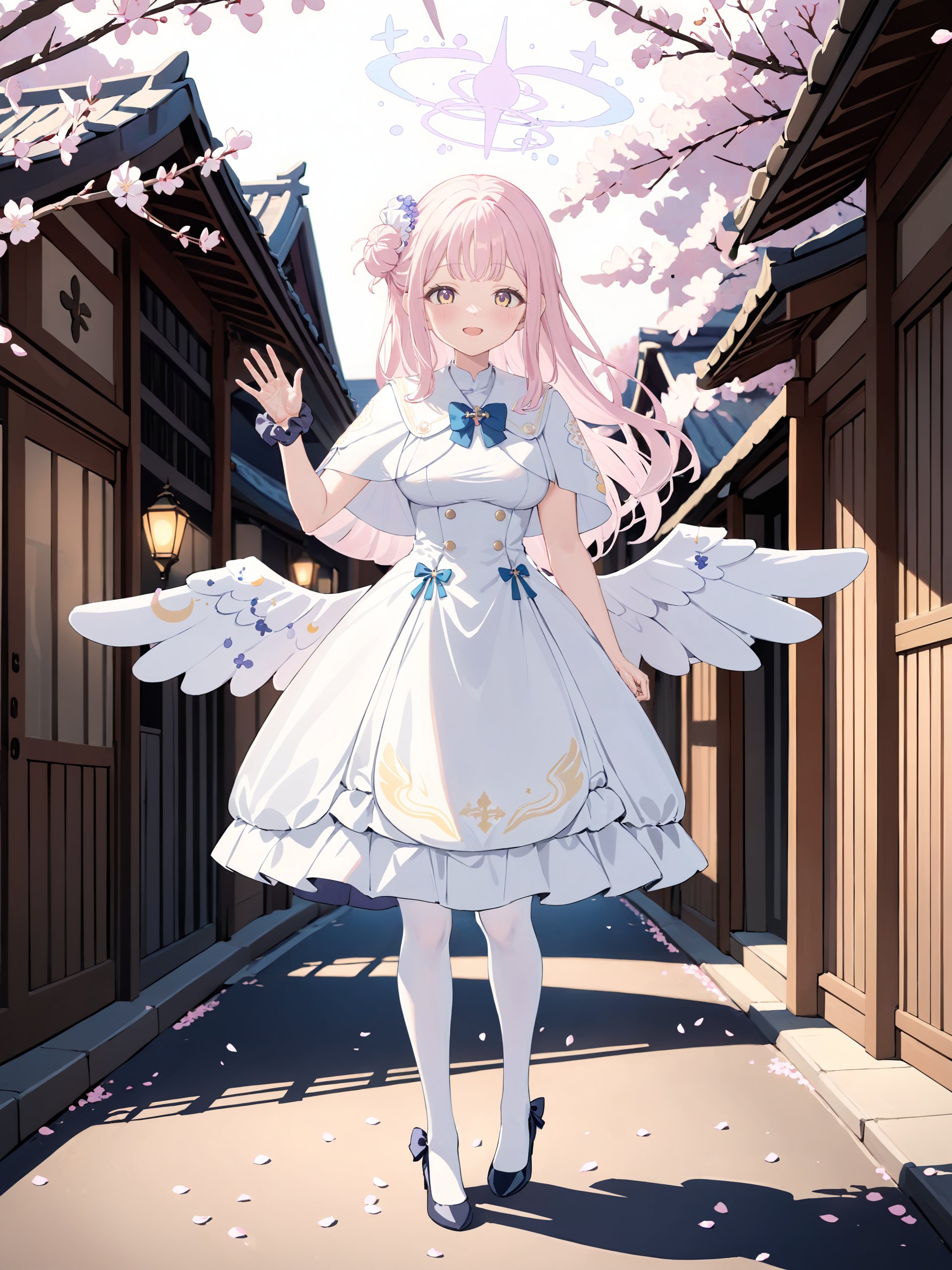 1girl, mika \(blue archive\), solo, halo, wrist scrunchie, low wings, black pumps, hair flower, white dress, single side bun, white pantyhose, capelet, blue bowtie, standing, full body, smile, open mouth,  looking at viewer, waving, outdoors, street, cherry blossoms, petals, depth of field <lora:Char-BlueArchive-Mika-XL-V1:0.8>, masterpiece, best quality, perfect features, intricate details, ray tracing, very aesthetic, (hitenkei, askzy:0.4)