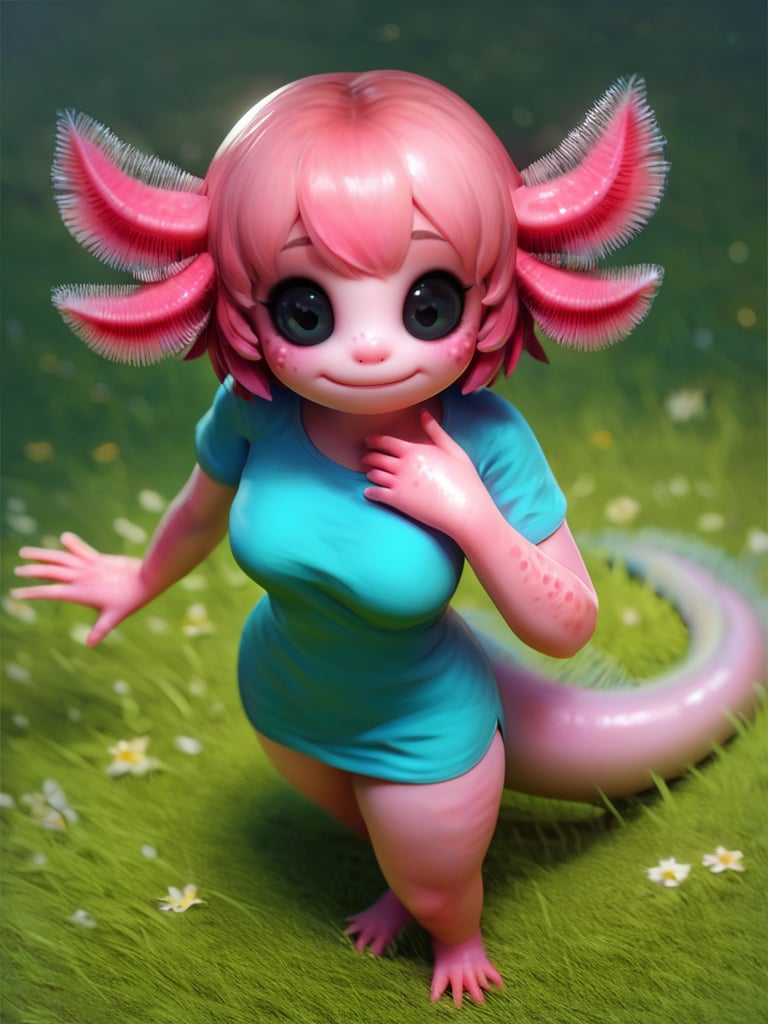 score_9, score_8_up, score_7_up, 1girl, arms at side, surprised, grass, vegetation, from above, monster girl, colored skin, pink skin, dress, short sleeves, solo focus, looking at viewer, sfw, evil smile, cowboy shot, (dynamic pose:1), cute, medium breasts, thick thighs, sexy pose, scales, thick tail, bangs, axolotl girl, cartoon, bright pupils, black eyes, head focus, short hair,  <lora:AxolotlWorld_Concept:1> AxolotlWorldXLP