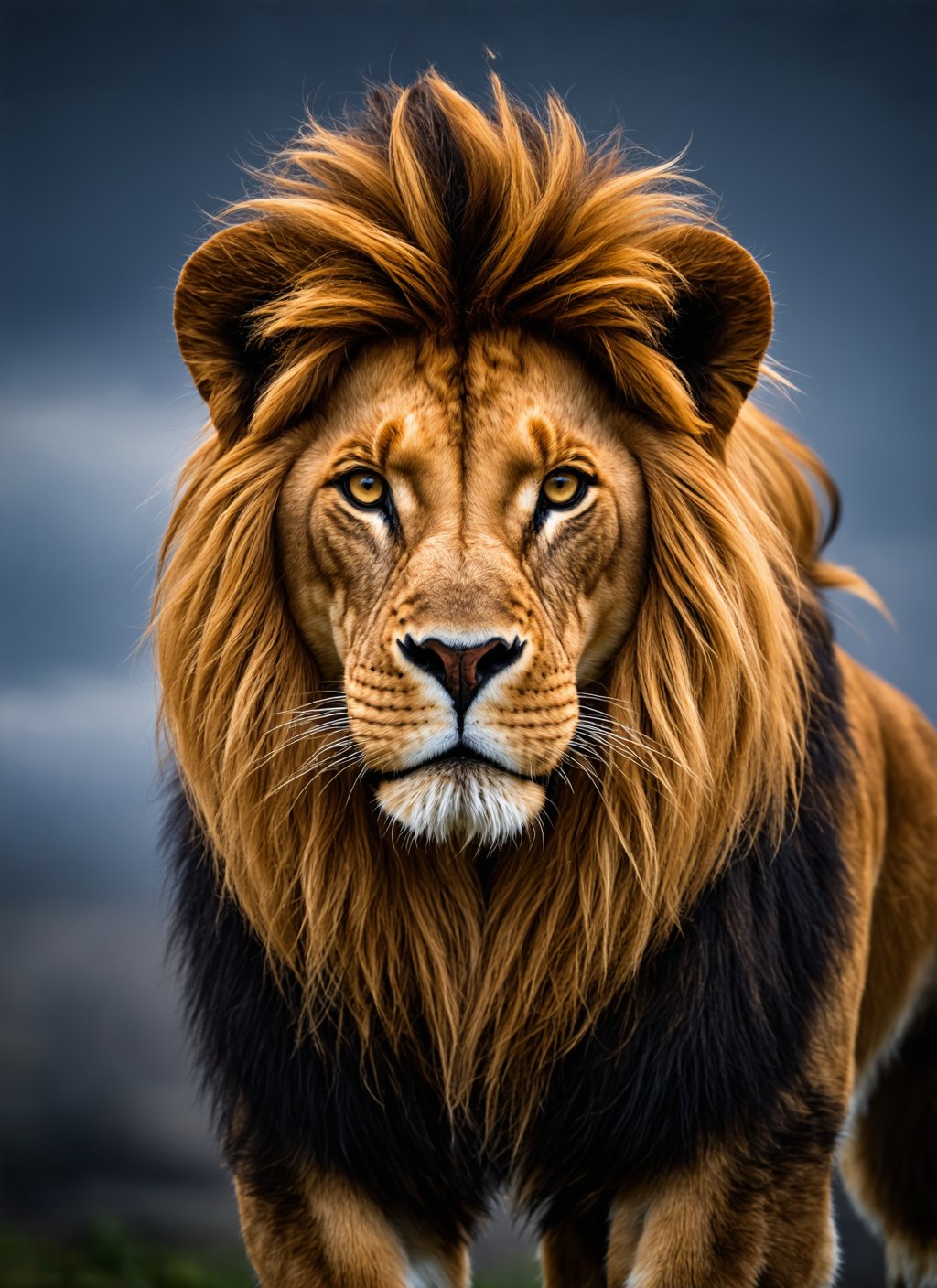 HDR photo of cinematic photo Medium format photorealistic silk screen, (Athletic Feminine Male Lion portrait:1.3), Golden chrome details, Majestic mane, Piercing eyes, (Muscular strength:1.2), Lithe pose, Strong jawline, (Cinematic shadows:1.2), Hyperborea lighting, Cloudy backdrop, Realistic fur texture, Timeless elegance, Trending on ArtStation . 35mm photograph, film, bokeh, professional, 4k, highly detailed . High dynamic range, vivid, rich details, clear shadows and highlights, realistic, intense, enhanced contrast, highly detailed