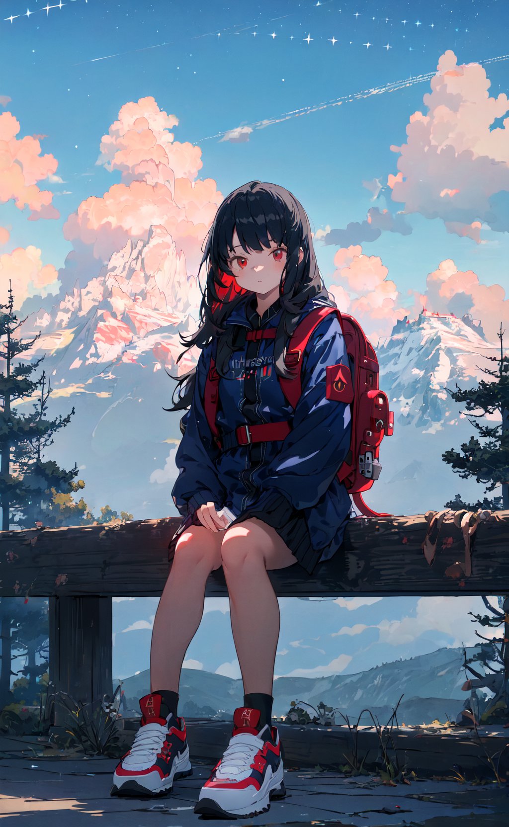 ((masterpiece)), ((ultra-detailed)), pixiv, best shadows, best lighting, best quality, absurdres, highres, cinematic shots, 1girl, red backpack, outdoor, shoes, mountain, sky, tree, cloud, dark night theme, sitting, front, starry sky, sky, Blue jacket, architecture, sneakers