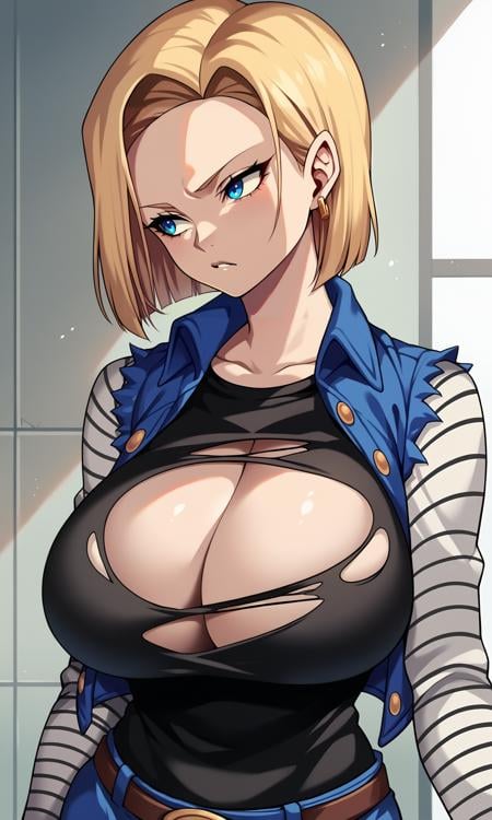 score_9, score_8_up, score_7_up, score_6_up, score_5_up, score_4_up, (source_anime),   <lora:[GP] Hz style [Pony XL]:0.8>1girl, solo, breasts, short hair, blue eyes, blonde hair, shirt, long sleeves, cleavage, jewelry, jacket, upper body, earrings, parted lips, huge breasts, gradient, looking to the side, torn clothes, black shirt,  torn shirt, android 18,