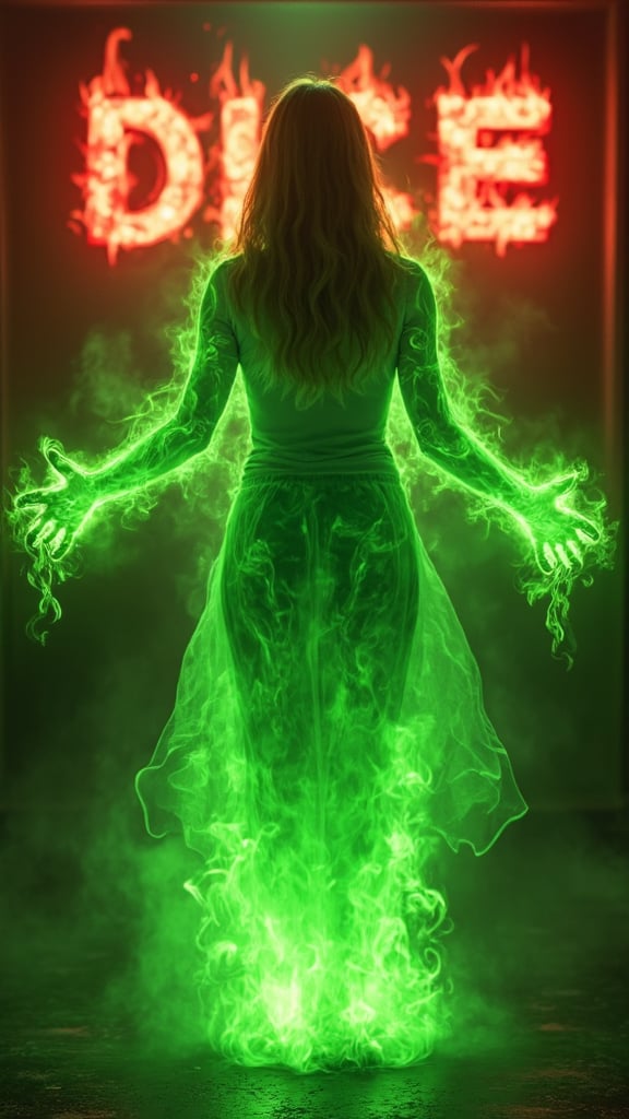 bailing_fire,composed of fire elements,fire element,girl made of green flames,Fire Skin,surrounded by green flames.,green fire, green flame,the person in the image is a young woman with long blonde hair and striking.,she is standing in a dark room with a cityscape blurred in the background. the woman is surrounded by a bright green aura that seems to be emanating from her body.,her arms are outstretched and she appears to be in the midst of a fire powerful display of energy, behind the woman is red text in flame font, The text says "DICE"/