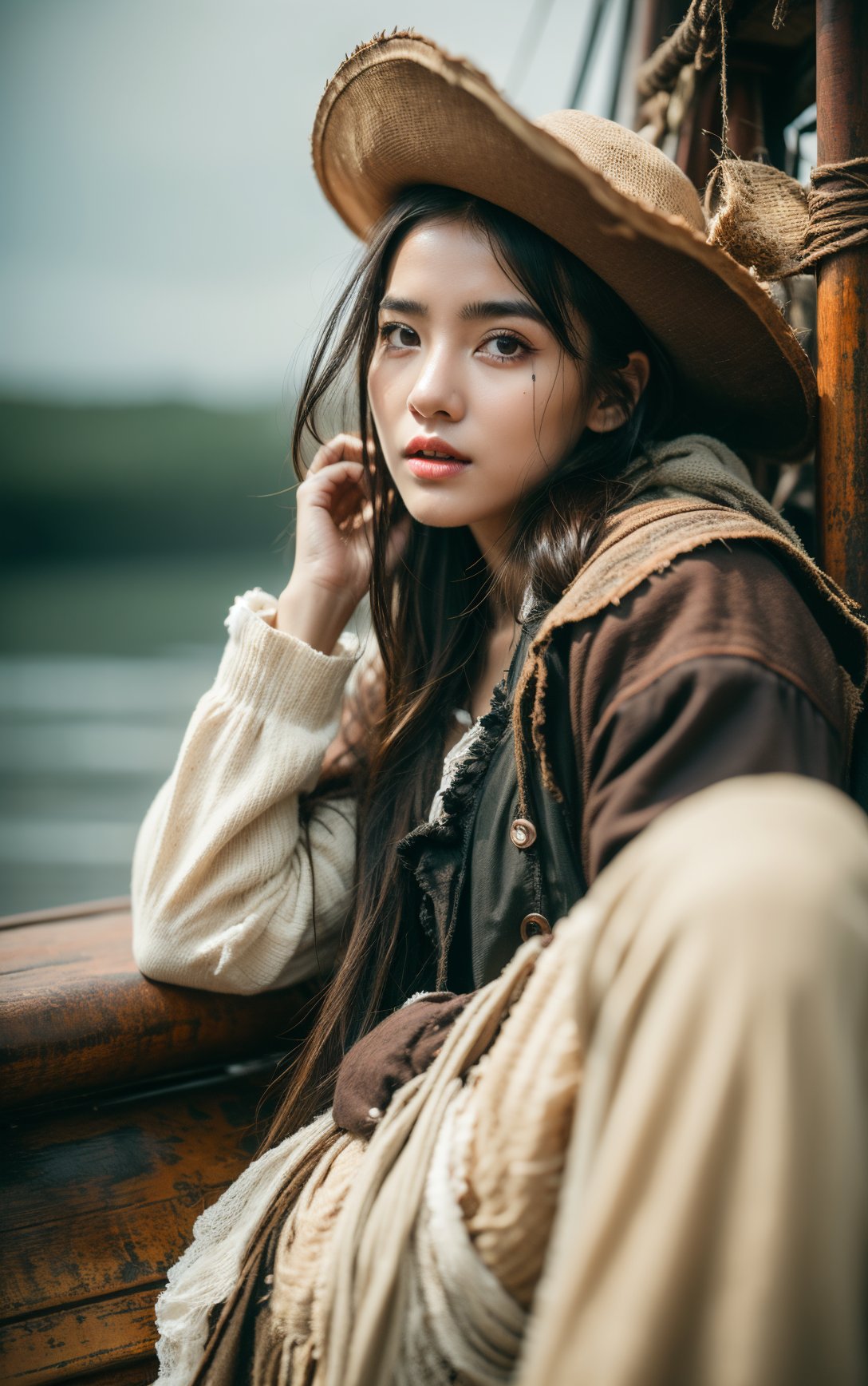 a female pirate,dilapidated old sailing ship,rough waves,it was raining heavily,get wet all over,(shabby and complicated clothes:1.2),handmade fabrics,artistic inspiration,there is sludge on the face on the body,pirate suit,dark tones,tattered clothes,Best quality,HD photos,slr,4k,8k,extreme detail skin,high definition,(golden hour:0.9),ultra high res,(high detailed skin:1.2),hyperdetailed,(soft light),(exposure blend:0.6),The skin is very white,Rich in detail,3 a girl sitting together,