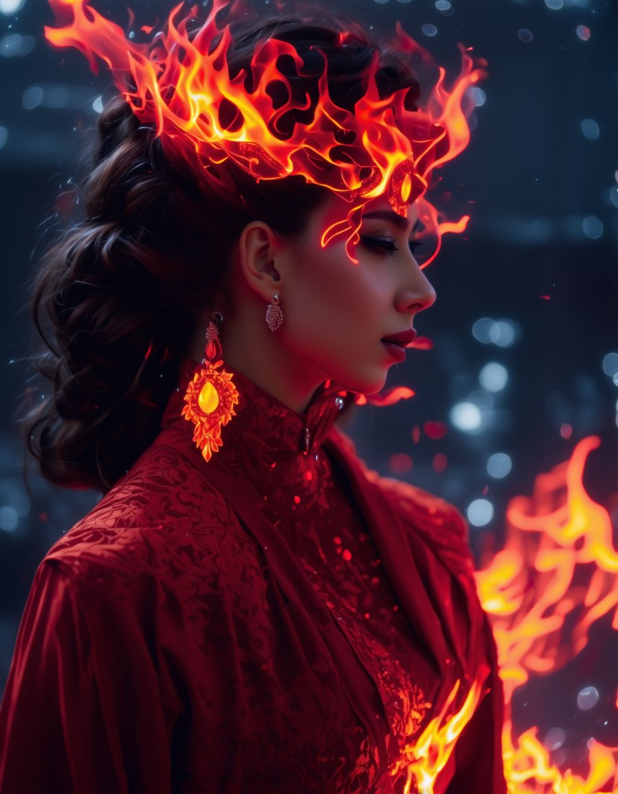 best quality, 4K, 8K, high-resolution, masterpiece, ultra-detailed, photorealistic,  a beautiful woman in a red dress with fire on her face and hair, standing in front of a dark background, woman, long hair, looking at viewer, black hair, hair ornament, jewelry, upper body, earrings, mole, blurry, mole under eye, blurry background, makeup, fire, gem, eyeshadow, realistic,