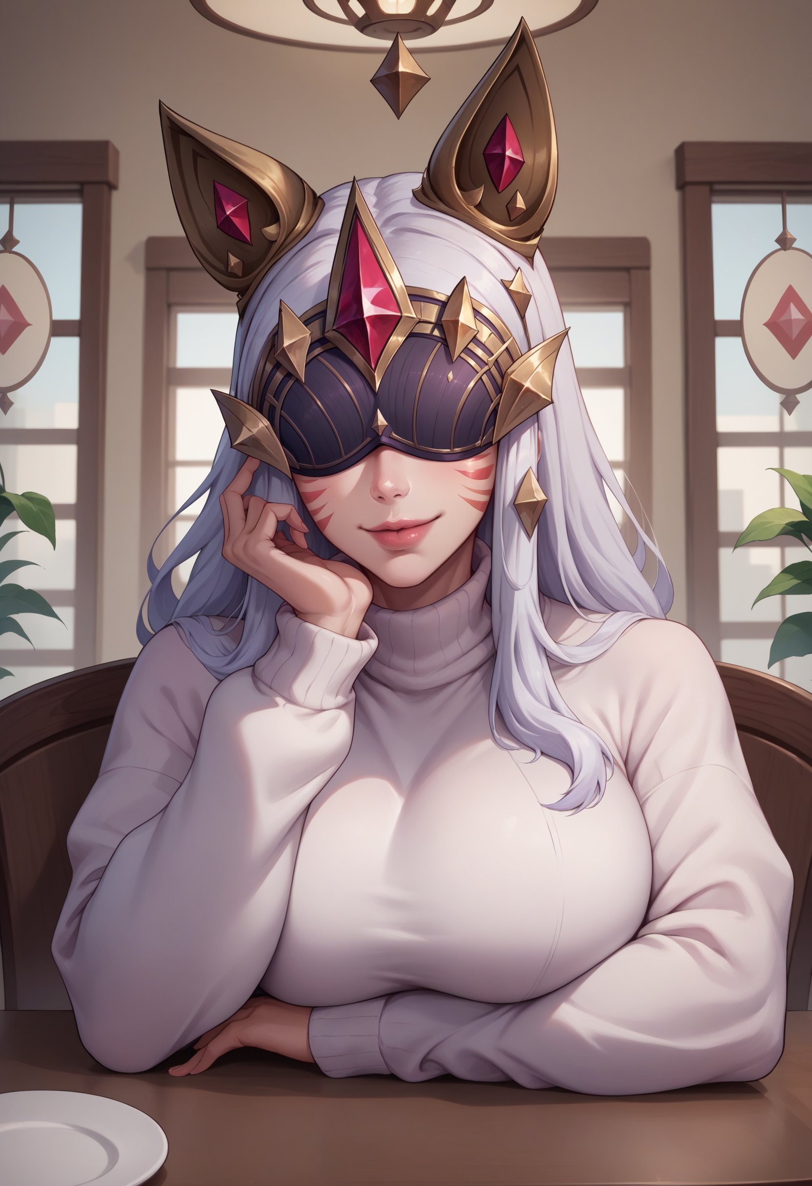 score_9, score_8_up, score_7_up, Ahriarcana, animal ears, facial mark, multiple tails, long hair, white hair, large breasts, eye mask, covered eyes,  <lora:Ahri_Arcana_pdxl_Incrs_v1:1>, upper body, pov across table, cafe, wagashi, seductive smile, white hoodie, jewelry, indoors, elbow rest, table, turtleneck sweater, 