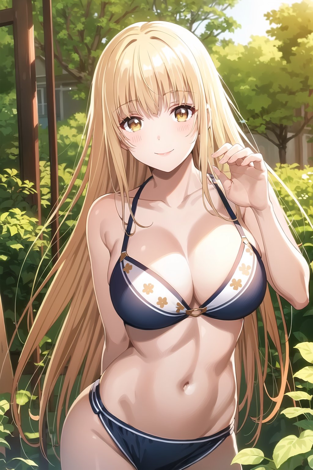 masterpiece, best quality, Amazing, extremely detailed, ultra detail, realistic, 1girl, blonde hair, blonde eyes, light smile, bikini, long hair, plant, nature, outdoors, sunlight, looking at viewer, ((pose)), <lora:Mahiru:0.7>