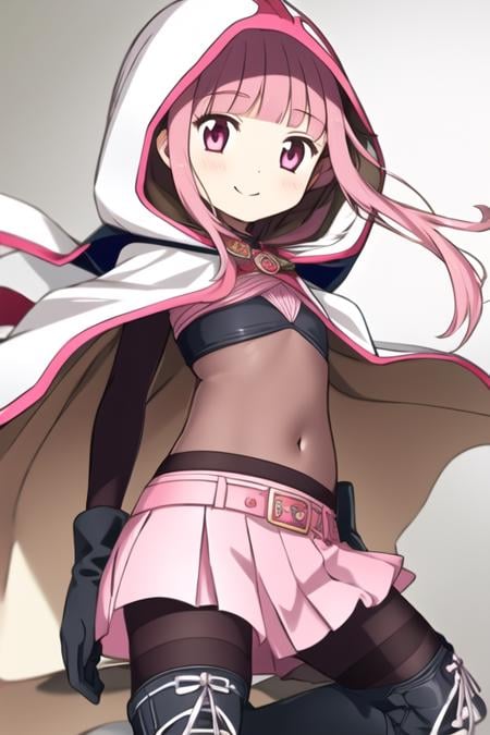 1girl,solo,pink eyes,bangs,blunt bangs,solo,pink hair,tamaki iroha,black footwear,black gloves,bodystocking,boots,cape,cloak,closed mouth,covered navel,cross-laced footwear,full body,gloves,hood,hood up,hooded cloak,leotard,looking at viewer,magical girl,navel,pink skirt,pleated skirt,shorts under skirt,skirt,standing,thighhighs,white cloak,magical_girl,white_background,smile,<lora:Irohav7:1>,