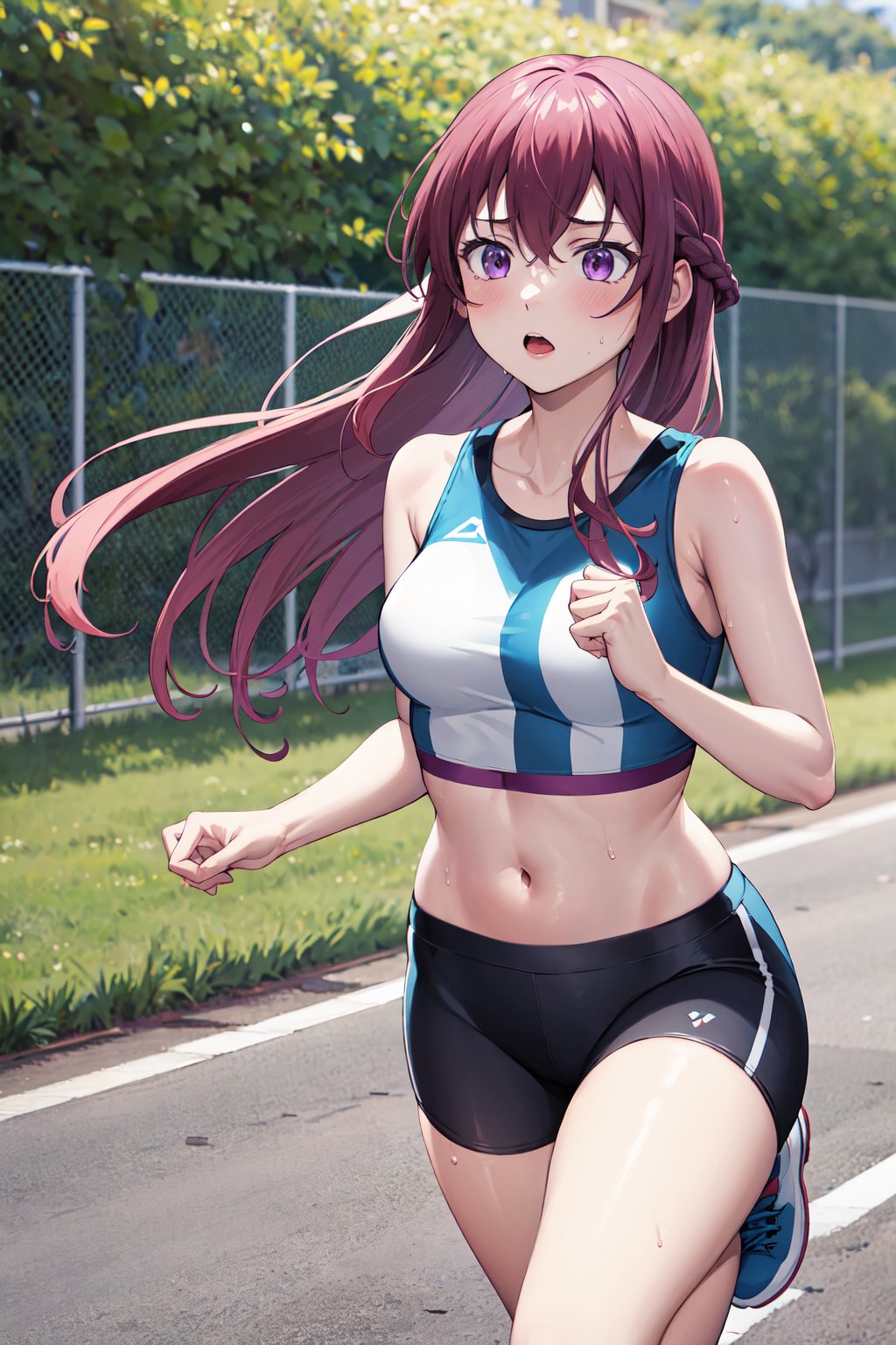 masterpiece, best quality, highres, 1girl, solo, long hair, purple hair, braid, purple eyes, <lora:makuzawa_ouka_v1:0.7>, short shorts, midriff, sports bra, bike shorts, park, outdoors, running, wind, sweat,