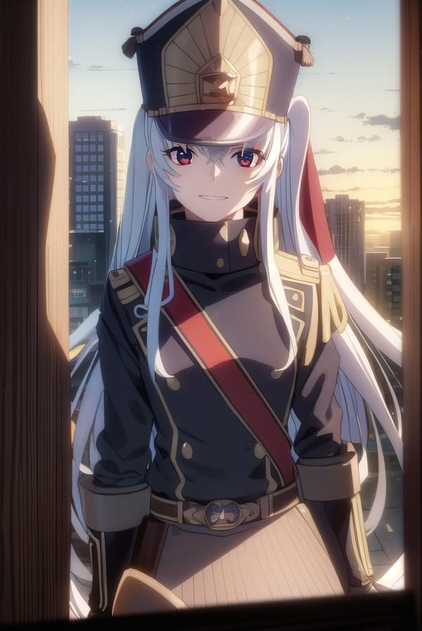 recreatorsaltair, <lora:recreators altair s1-lora-nochekaiser:1>, altair, long hair, (red eyes:1.3), very long hair, white hair, smile, grin,BREAK gloves, hat, uniform, military, military uniform, shako cap,BREAK outdoor, city, night, sky, buildings, moon, clouds,BREAK looking at viewer, (cowboy shot:1.5),BREAK <lyco:GoodHands-beta2:1>, (masterpiece:1.2), best quality, high resolution, unity 8k wallpaper, (illustration:0.8), (beautiful detailed eyes:1.6), extremely detailed face, perfect lighting, extremely detailed CG, (perfect hands, perfect anatomy),