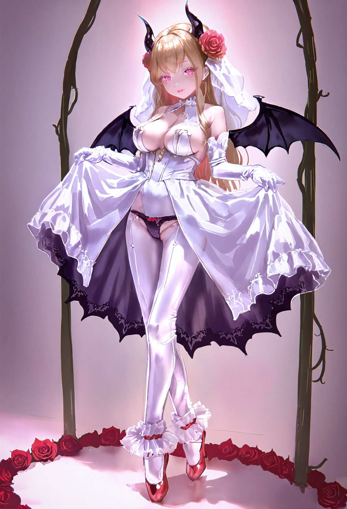 masterpiece, best quality,1girl,   solo, dress, wings, long hair, white background, white dress, red flower, simple background, flower, horns, blonde hair, looking at viewer, red rose, bat wings, bare shoulders, red footwear, full body, clothes lift, breasts, rose, pink eyes, gloves, standing, white gloves, closed mouth, vine shadow, detached sleeves, panties, demon horns, underwear, large breasts, plant, see-through, black panties, tachi-e <lora:1111111XLlokr8f-000187:0.95>