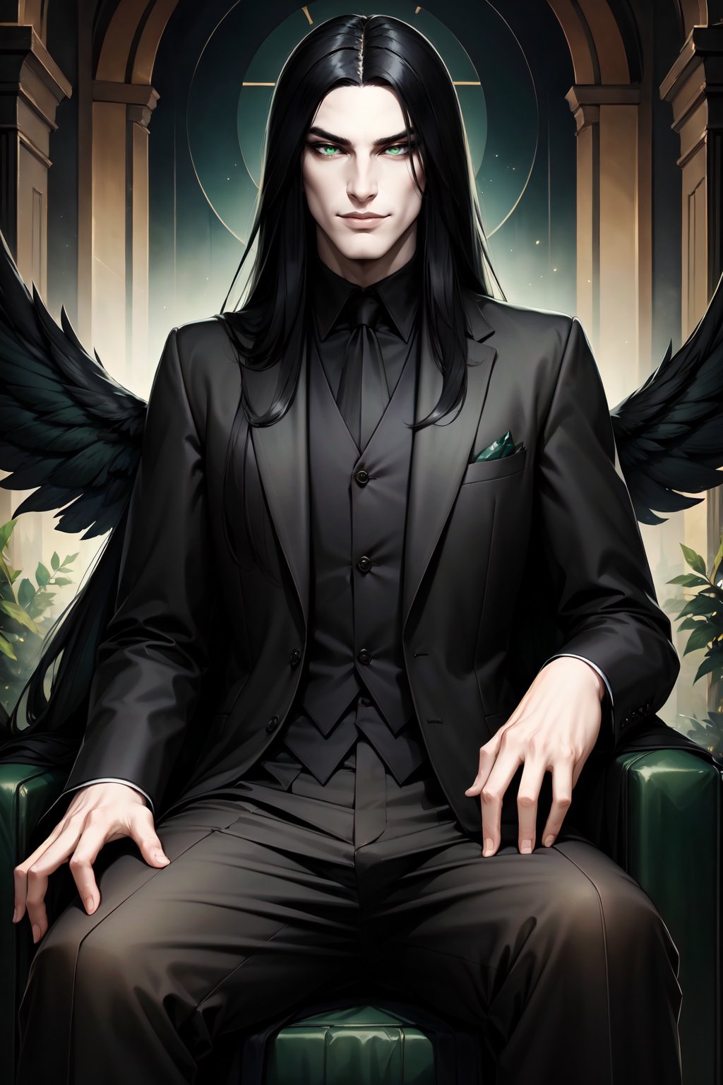 (masterpiece,best quality,absurdres,beautiful,aesthetic,detailed), male, black long hair, green eye, pale skin, smirk, clothes in black official suit, sitting on the green throne, black feathers wings, realistic, hunger <lora:hunger:0.6>