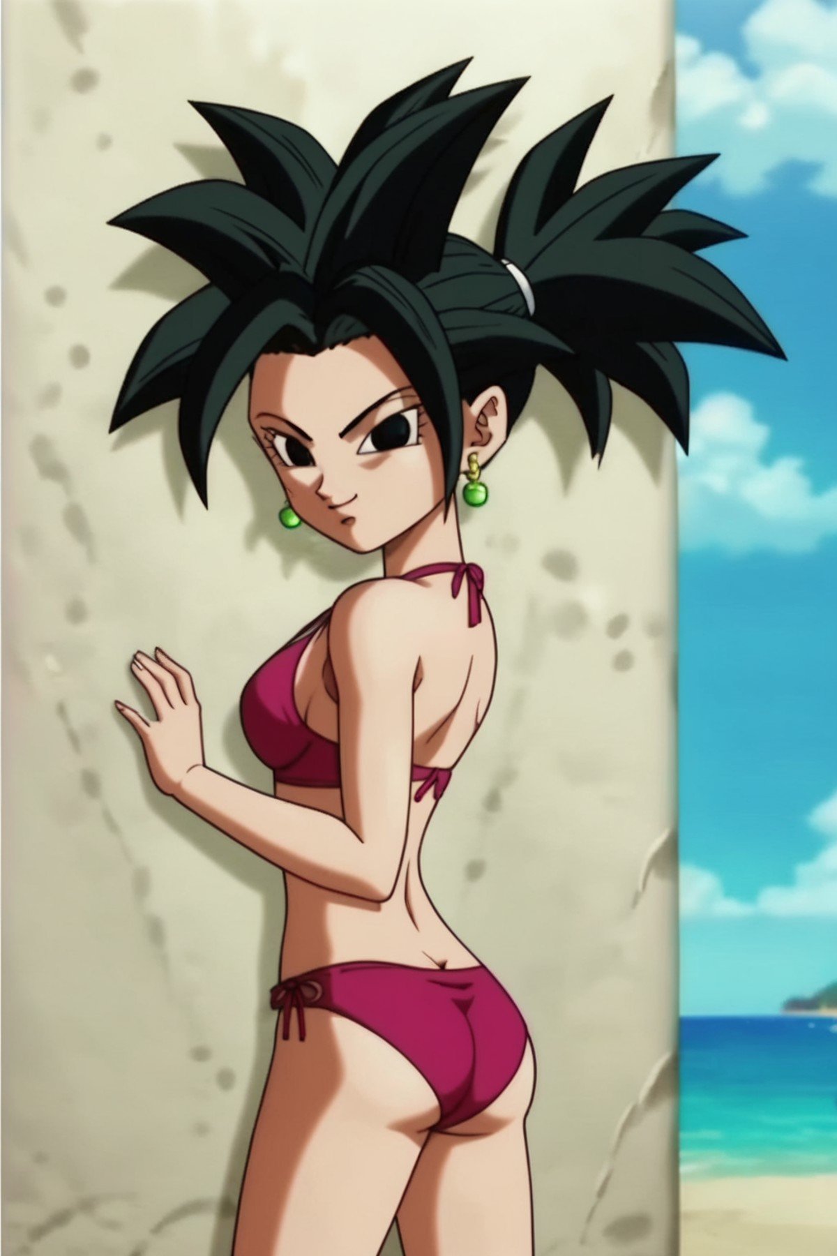 source_anime, score_9, score_8_up, score_7_up, anime screencap,kefladb, 1girl, solo, black hair, black eyes, bikini, spiked hair, ponytail, white scrunchie, beach, blue sky,  leaning against wall, <lora:kefla_pony_v1:0.8>