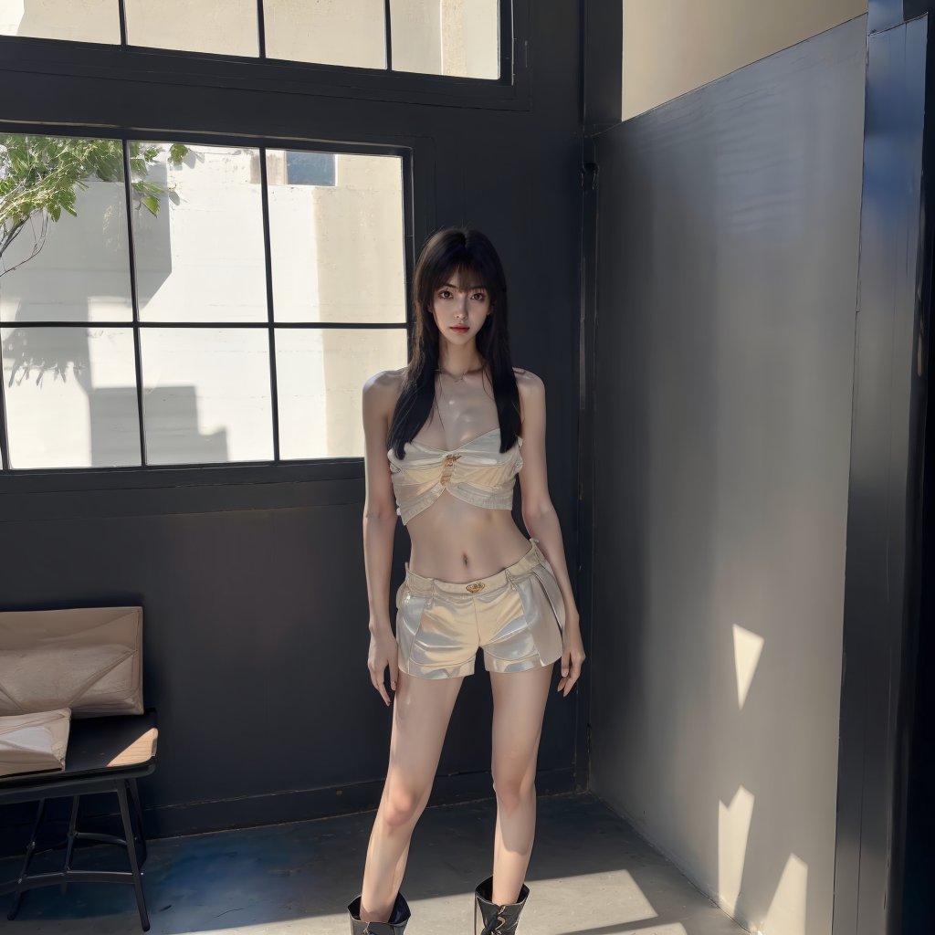 1girl,shiny_skin,black hair,bare shoulders,chest,standing,sunlight,<lora:kuku（0.86）:0.8>,