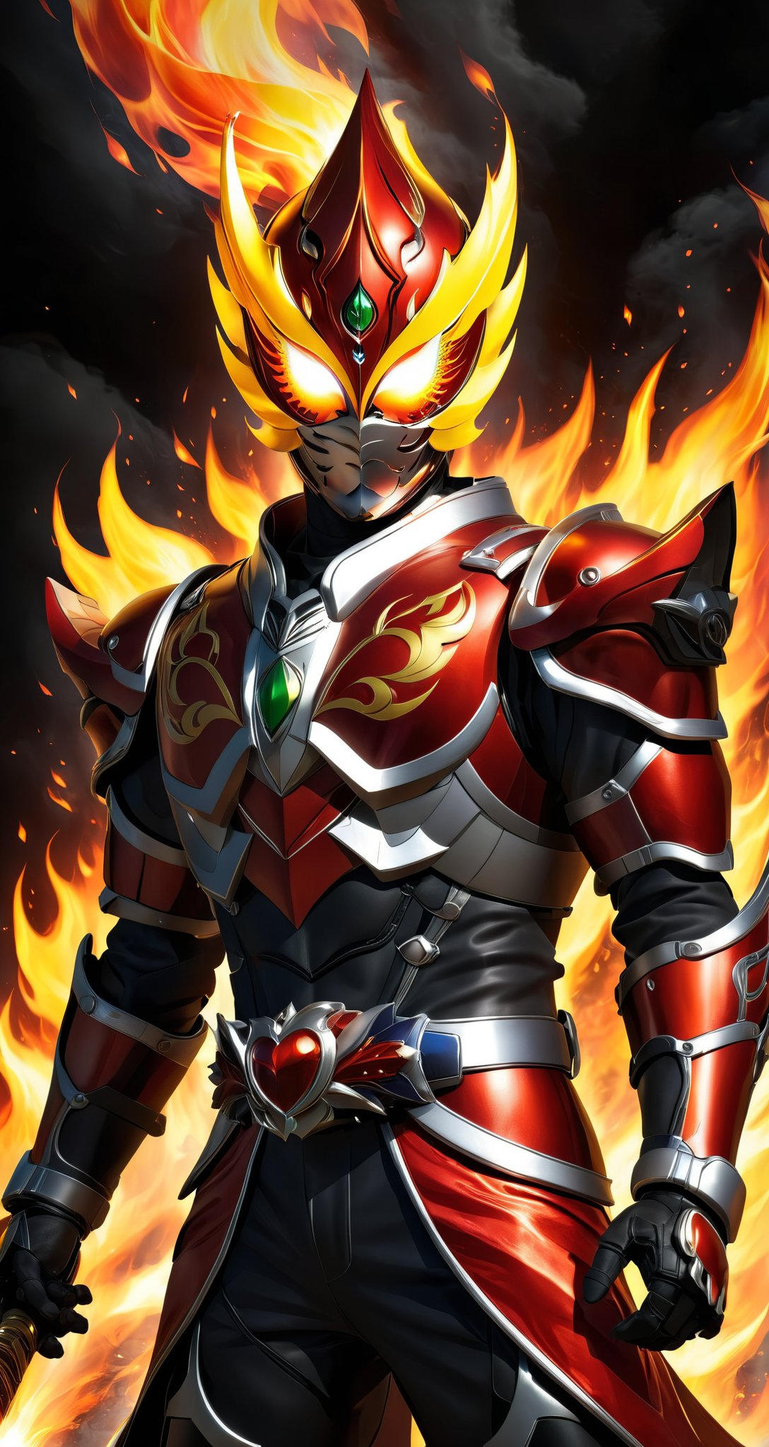 Kamen rider style, the masked warrior of the Spirit of Fire, wearing flame armor and holding a flame sword, burns the fire of justice in his heart and dispels the forces of darkness. Brave, fearless, with flame and courage to illuminate the way people forward.