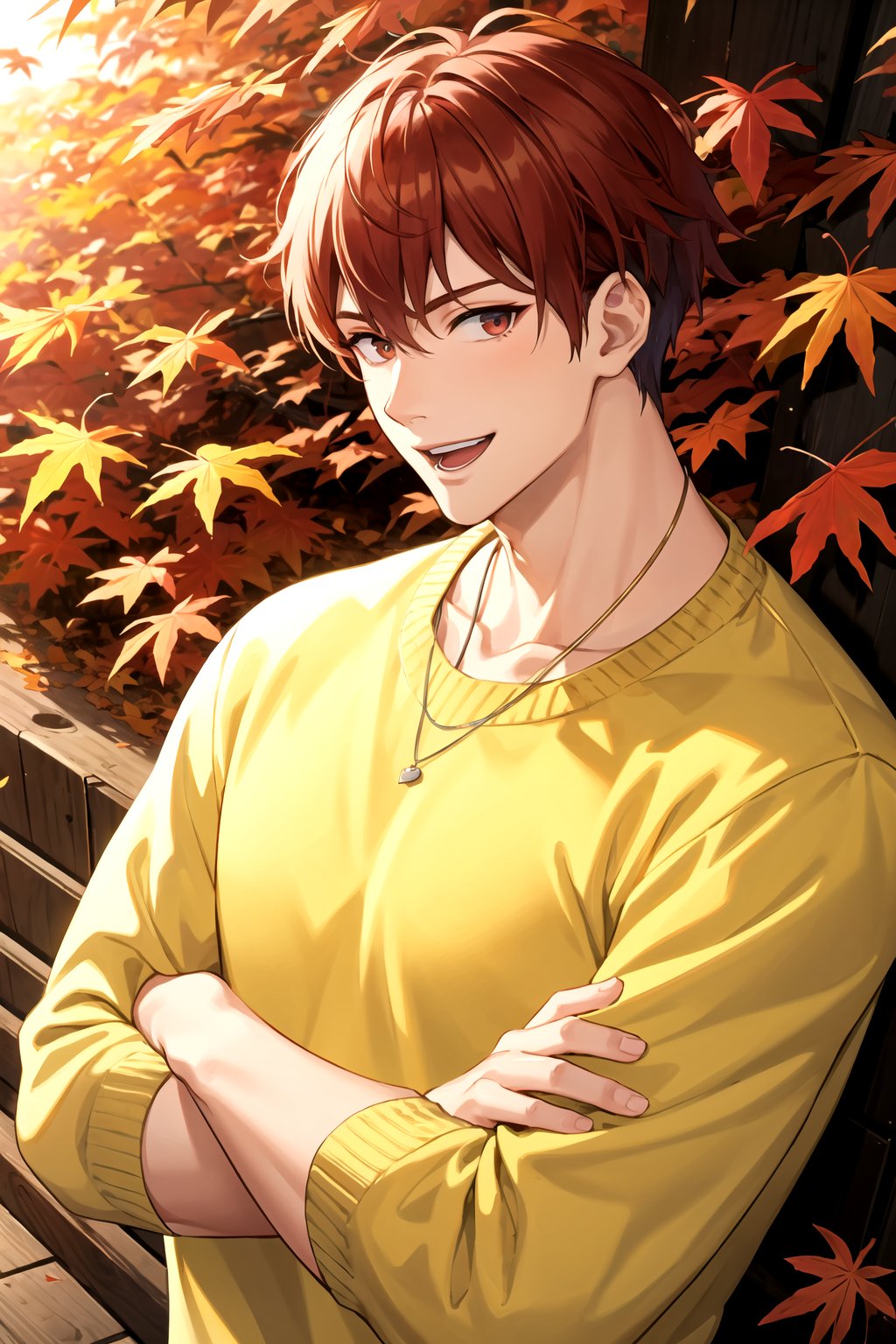 masterpiece, best quality, 1boy, male focus, solo, sweater, necklace, handsome, looking at viewer, open mouth, smile, crossed arms, red hair, autumn leaves, from above, from side