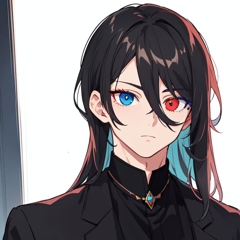 1male,male focus,1boy,black hair,elegant,ELEGANT,long hair,Adult male,mature,Long face,masterpiece,best quality,anime style,<lora:standingFullBodyWithBackgroundStyle_v10Offset:1>,<lora:banTEST (3):1>,(((heterochromia))),left red eye,right blue eye,, masterpiece, best quality,