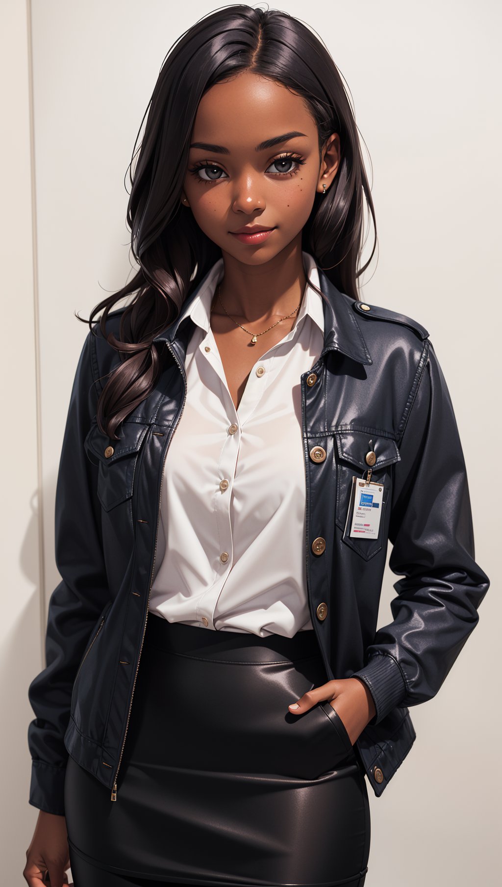 a photograph of (1girl, 23 years old, slight smile),solo,realistic,black eyes,dark skin,looking at viewer,wearing (jacket, button shirt, and pencil skirt),