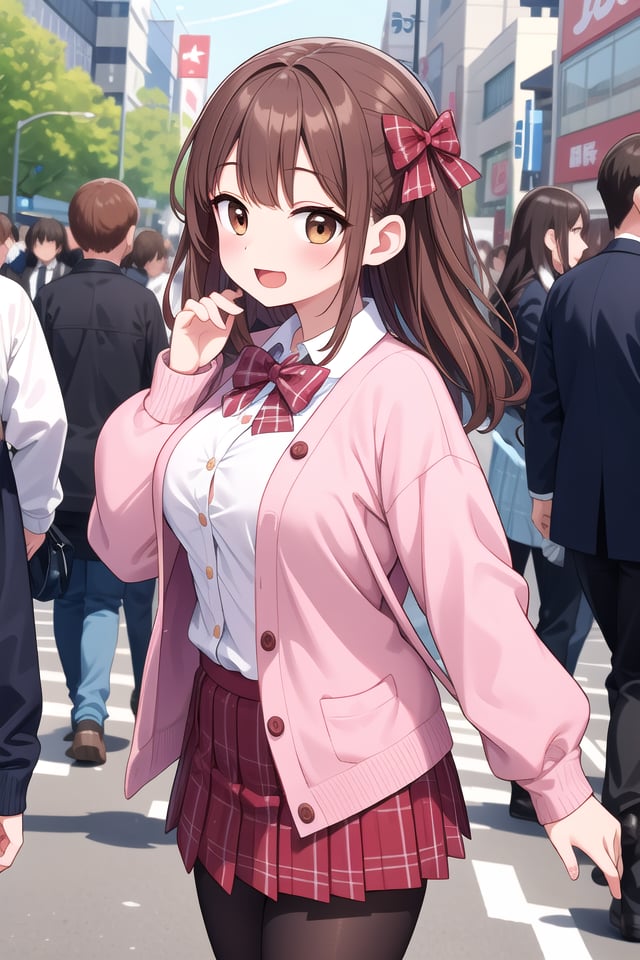 insanely detailed, absurdres, ultra-highres, ultra-detailed, best quality,1girl, solo, nice hands, perfect handsBREAK(School Uniforms:1.2), (pink cardigan is fit body:1.4), ((do up a buttons, not loose):1.5), ((long sleeve, sleeves past wrists):1.2), (inner wear is white collared-shirt:1.3), (red plaid-pattern bow:1.3), (red plaid-pattern pleated skirt:1.3), ((dark-brown pantyhose, loafers):1.2)BREAKhappy smile, laugh, open mouth, standing,from side,cute pose, cowboy shotBREAKslender, kawaii, perfect symmetrical face, ultra cute girl, ultra cute face, ultra detailed eyes, ultra detailed hair, ultra cute, ultra beautifulBREAKin harajuku, shibuya, tokyo, street, crowd, cityscapeBREAKmedium large breasts,(brown hair, brown eyes), hime cut