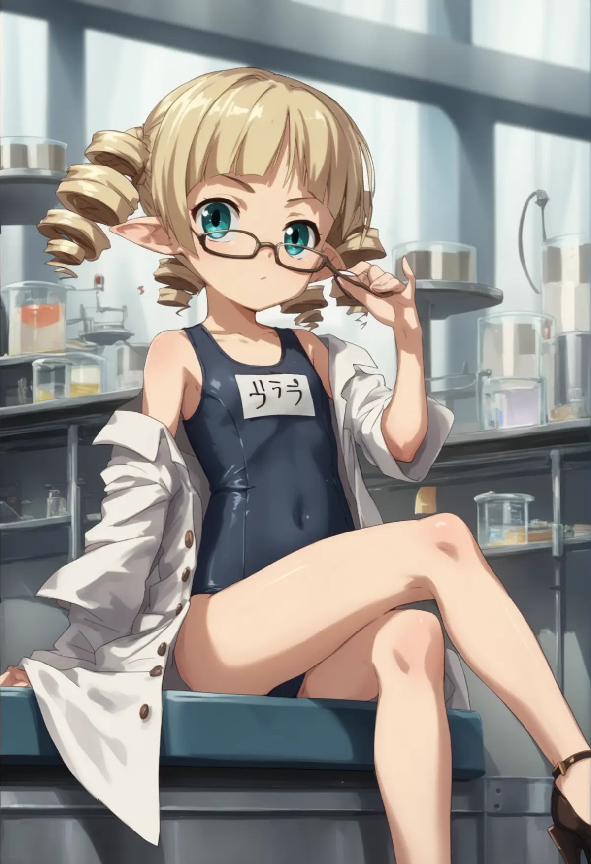 1girl, aqua eyes, blonde, twintails, pointy ears, twintails, drill hair, school swimsuit, lab coat, open clothes, glasses, fixing eyewear, sitting, laboratory, medieval, cowboy shot, crossed legs, high heels <lora:Ymir Rebellion XL:1>