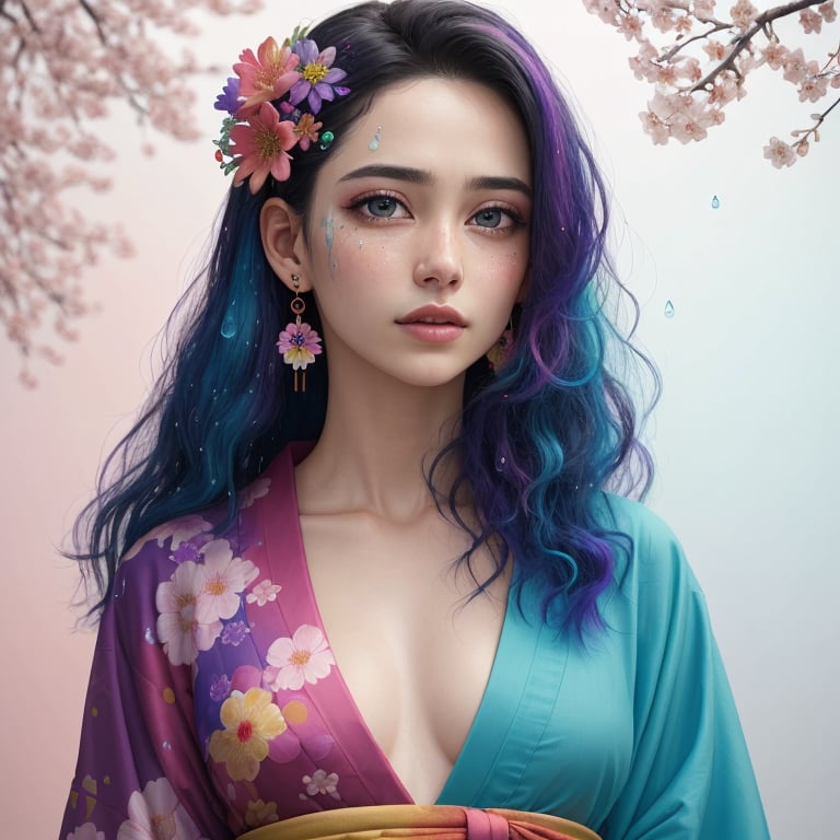 shukezouma, octane render, hdr, (hyperdetailed:1.15), (soft light, sharp:1.2), 1girl, beautiful girl, ultra detailed eyes, mature, plump, thick, rainbow painting drops, paint teardrops, woman made up from paint, entirely paint, splat, splash, long colored hair, kimono made from paint, ultra detailed texture kimono, rainbow paint kimono, paint bulb, paint drops, (hair ornaments, earrings, flowers hair ornaments, butterflies hair ornaments), outdoors, sakura trees